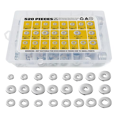 520 arandelas planas de acero inoxidable SAE + métricas para tornillos, acero inoxidable 304, varios 23 tamaños (M3 M4 M5 M6 M8 M10 M12 6# 8 # 10#