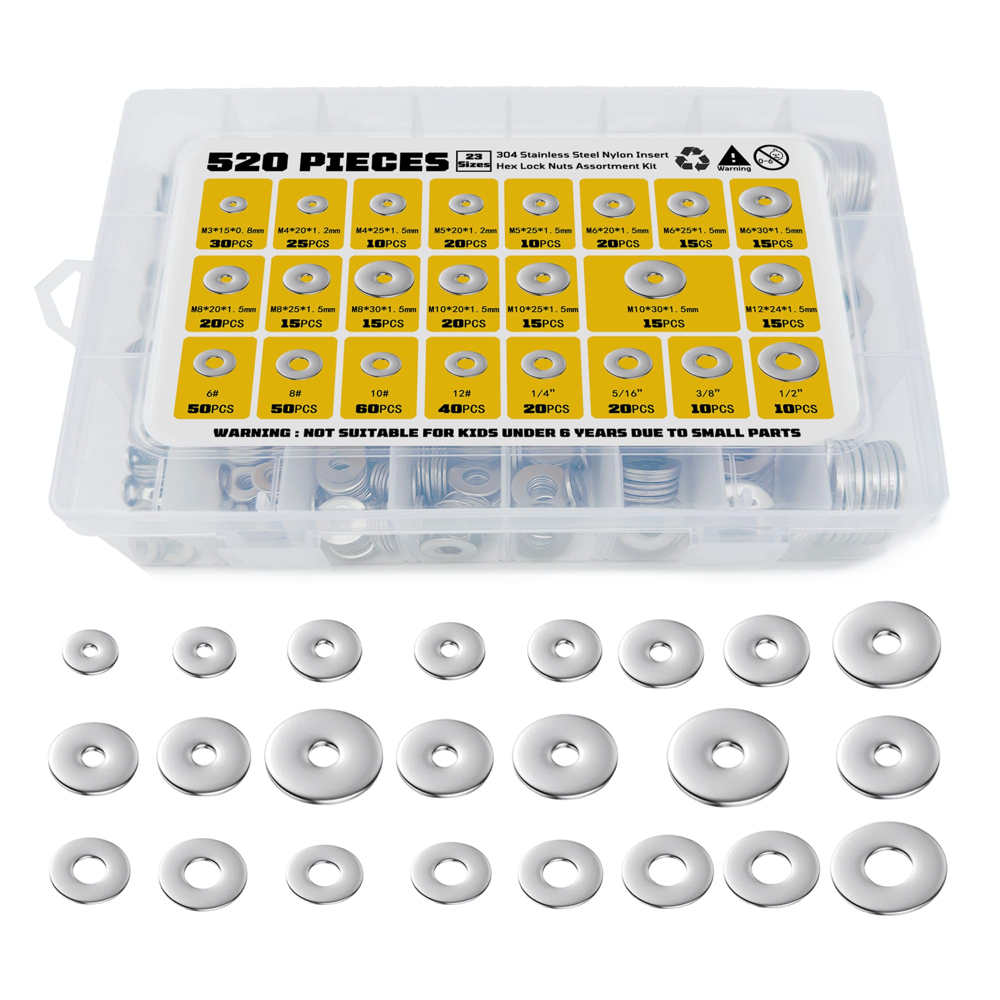 520 Pcs SAE + Metric Stainless Steel Flat Washers for Screws, 304 Stainless Steel, Assorted 23 Sizes (M3 M4 M5 M6 M8 M10 M12 6# 8# 10# 12# 1/4 5/16 3/