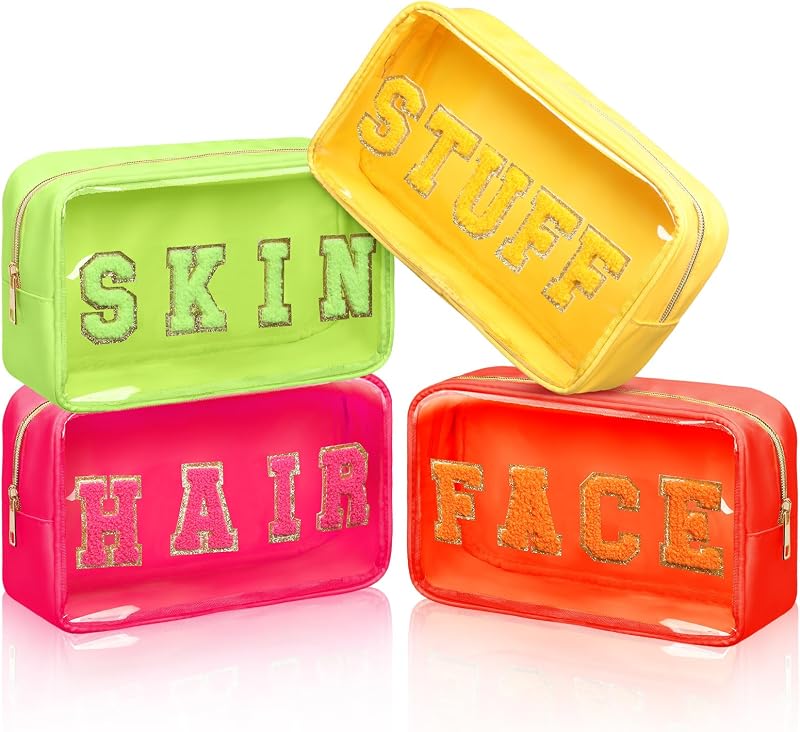 Pinkunn Necessaires de Maquiagem em Nylon com Zíper e Estampa de Letras, Cores Quentes, Pacote com 4