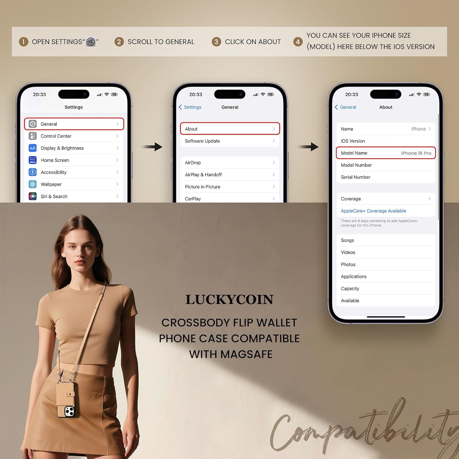 LUCKYCOIN Crossbody Wallet Phone Case for iPhone 16 Pro, Compatible with MagSafe, 100% Genuine Leather Magnetic Phone Case with RFID-Blocking Card Holder, Phone Purse with Adjustable Strap - Beige