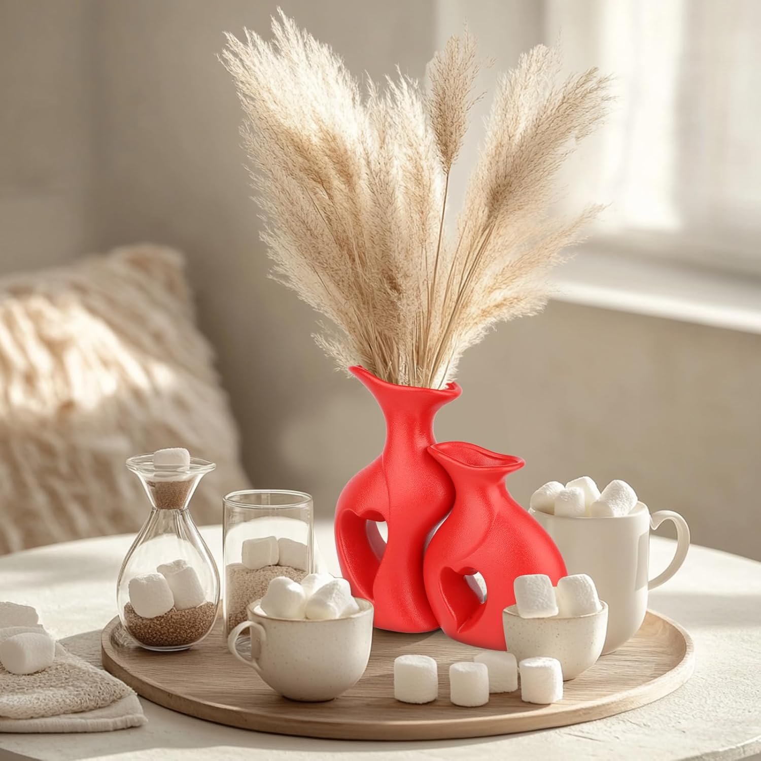 Heart Ceramic Vase Set of 2, Red Flower Vases for Lovers, Modern Minimalist Vases for Home Decor or Gift