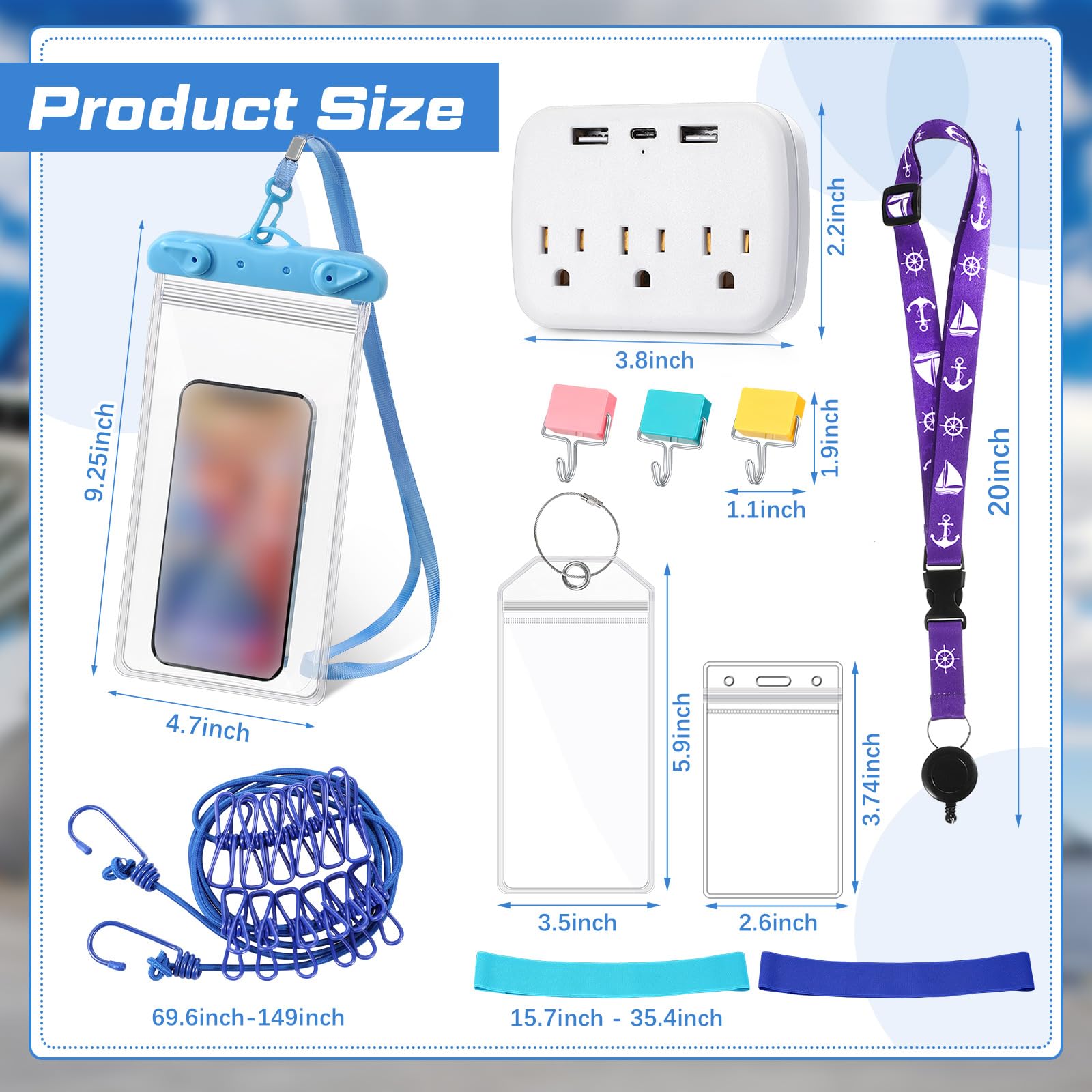 Tenceur 18 pezzi Cruise Essentials Power Strip 6 ganci 2 cordino per carte 4 etichette bagagli 2 borsa telefono 1 stendibiancheria 2 fascia asciugamano