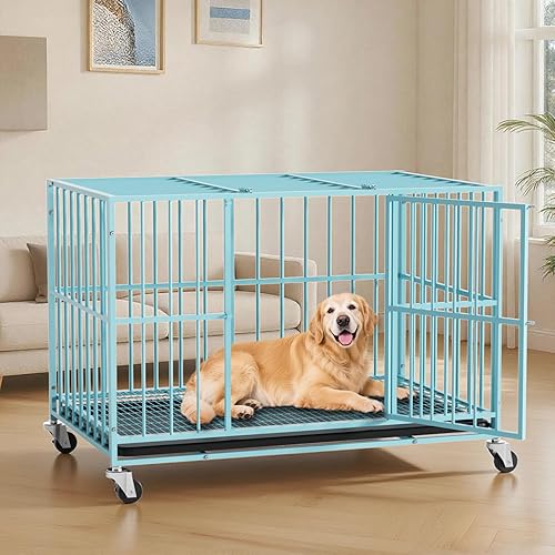 Miniatura 31 de Jaula de acero resistente de 48 pulgadas para perros, a prueba de escape, puertas dobles para interiores y ruedas con cerradura, bandeja extraíble