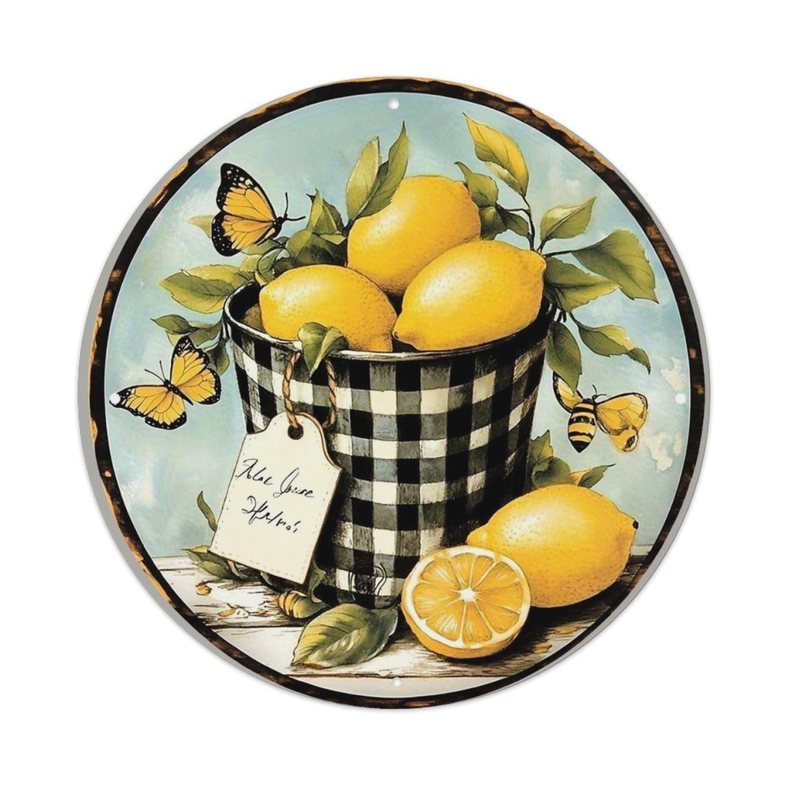 Lemon Bucket Butterflies Leaves Tag Tin Sign Metal Poster Vintage Metal Signs for Home Man Cave Bar Cafe Kitchen laundry room Wall Decorations Gift 8x8Inch