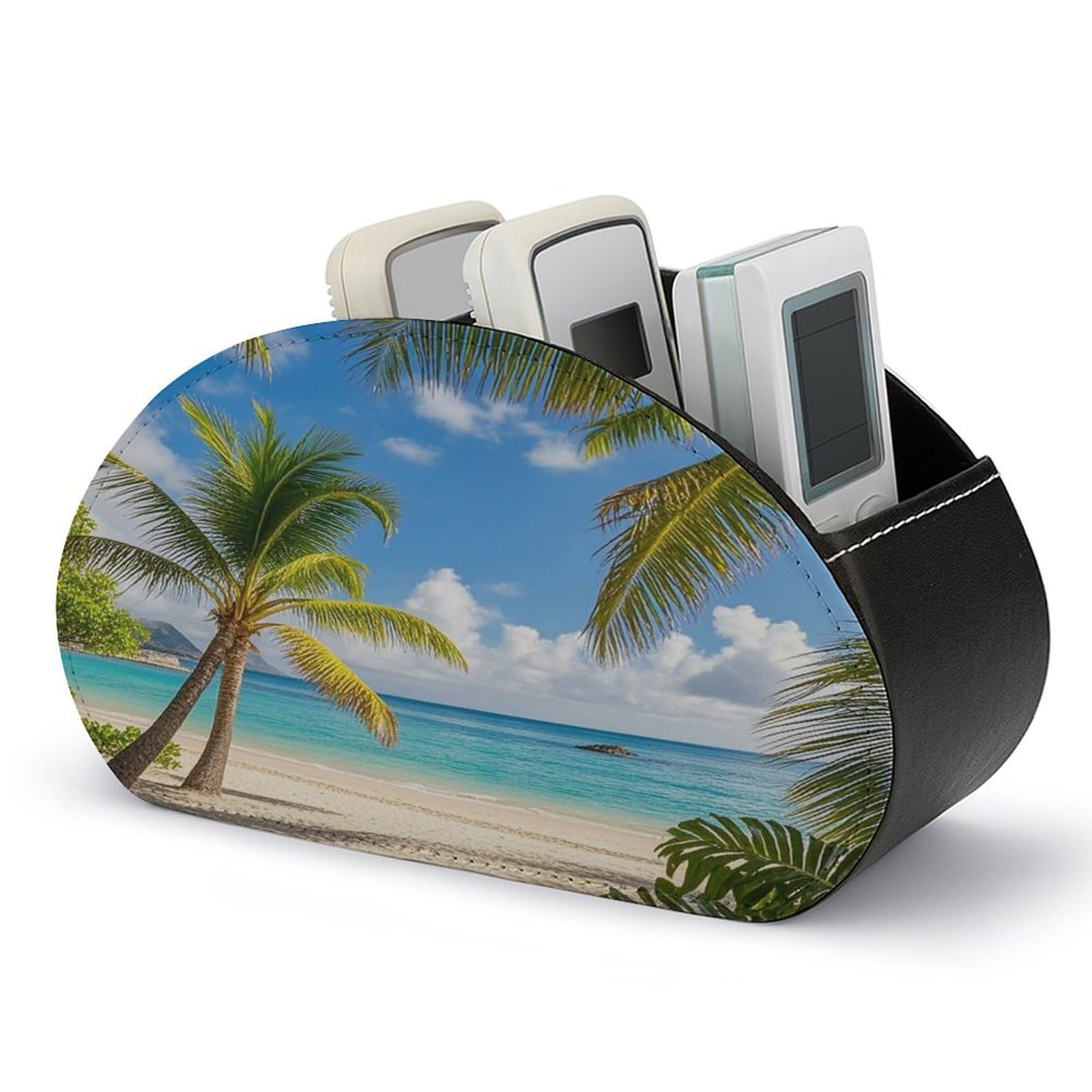 FekiLoot Leather TV Remote Control Holder with 5 Compartments Multifunctional TV Remote Holder Bedside Table Remote Caddy Storage Box Tropical Palm Tree Hawaii Beach Remote Organizer for Home Office