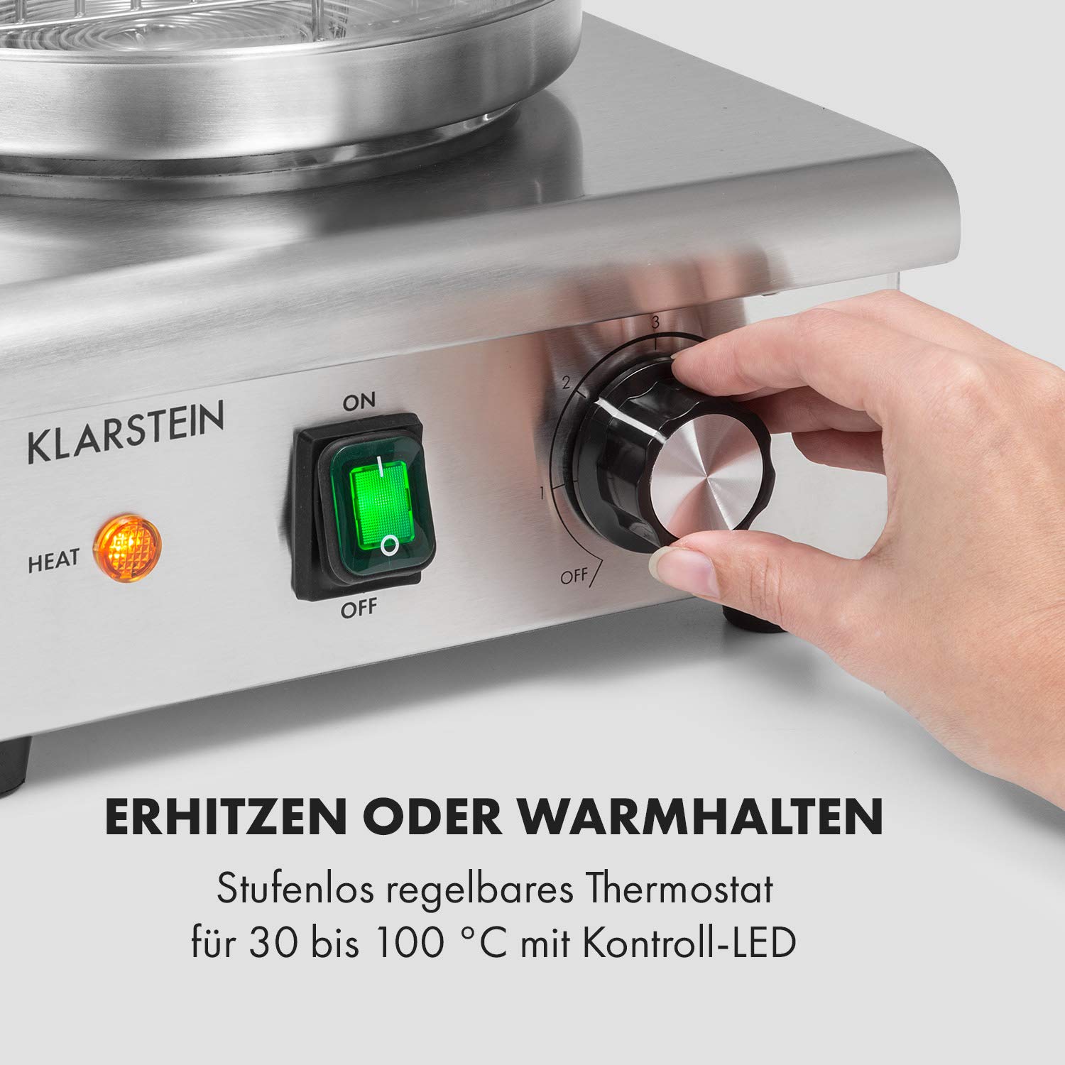 Klarstein Pro Wurstfabrik 450 Profi Hot Dog Maker, 450 Watt, 30-100 °C, Glaszylinder: Ø 20 cm, unterteilbarer Edelstahlkäfig: Ø 17 cm / 5 Liter, Edelstahl, Wassertank: 1,1 Liter, silber
