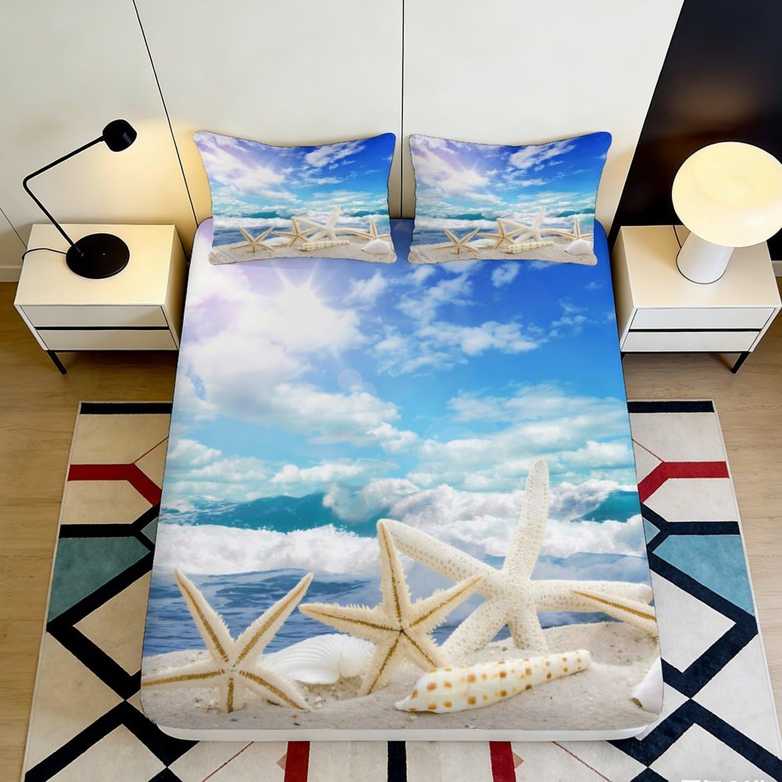 3D Printed Beach Ocean Fitted Sheet Microfiber Soft Breathable Starfish Seashell Bed Cover for Bedroom Guest Room Decor 160x200x25cm