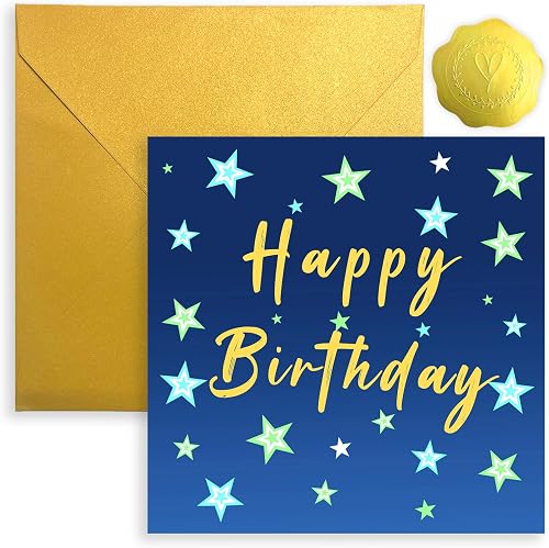 Happy Birthday Card for men,Stars Design Blue birthday card,150mm Bday eco-friendly Greeting Cards with Golden Pearlescent Envelope, Blank Inside