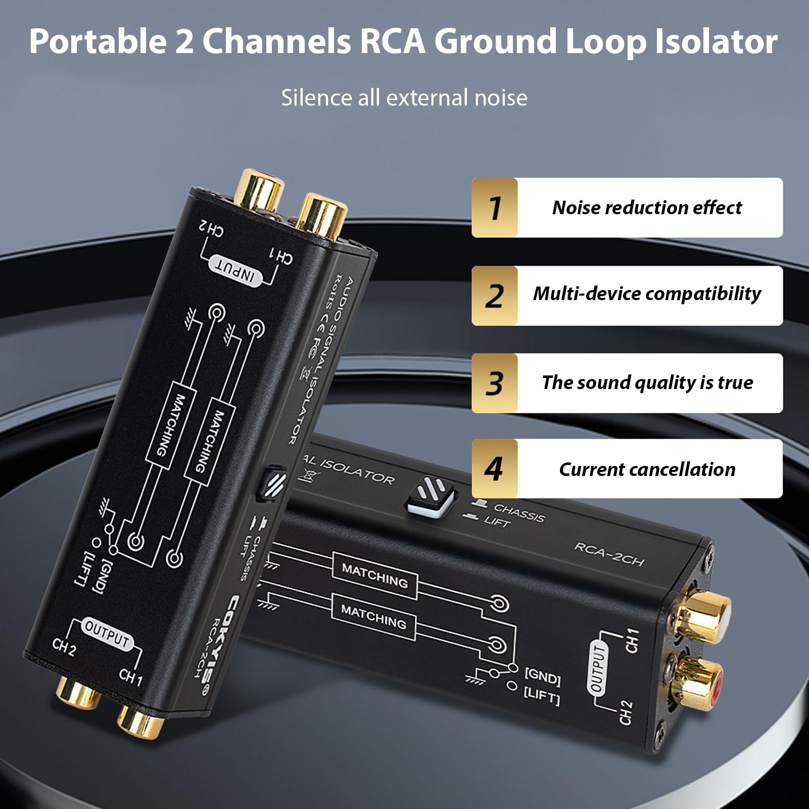 Btuty Isolateur de boucle de terre RCA à 2 canaux - Isolateur de signal audio - Filtre de bruit pour système stéréo domestique, haut-parleur, microphones de conférence, lecteurs audio