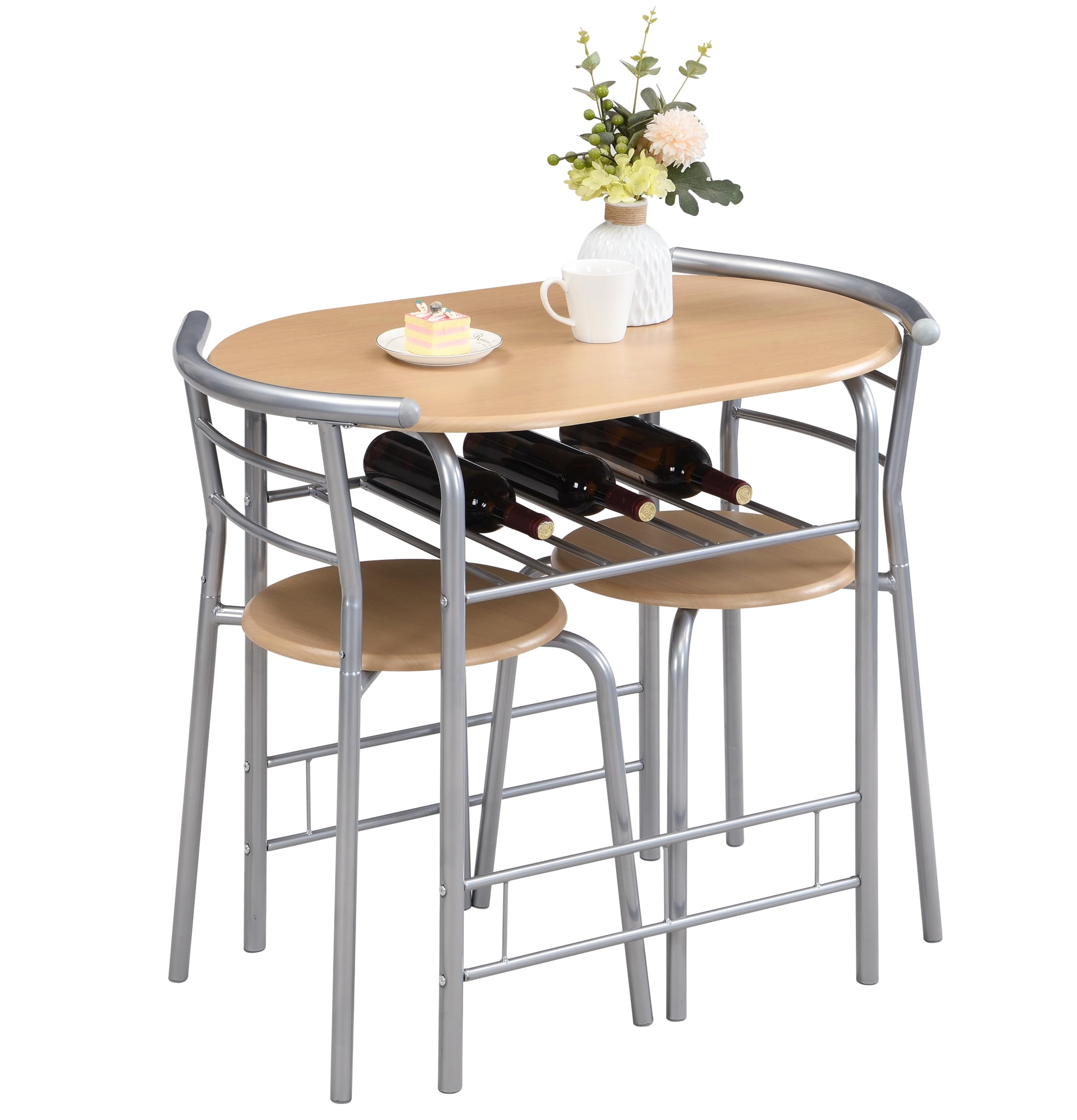 MOF Space Saving Table and Chairs Set for 2, Compact Small Dining Table Set with Storage Shelf, 3 Piece Kitchen Breakfast Table for Apartment, Studio Flat & Small Spaces (Natural)
