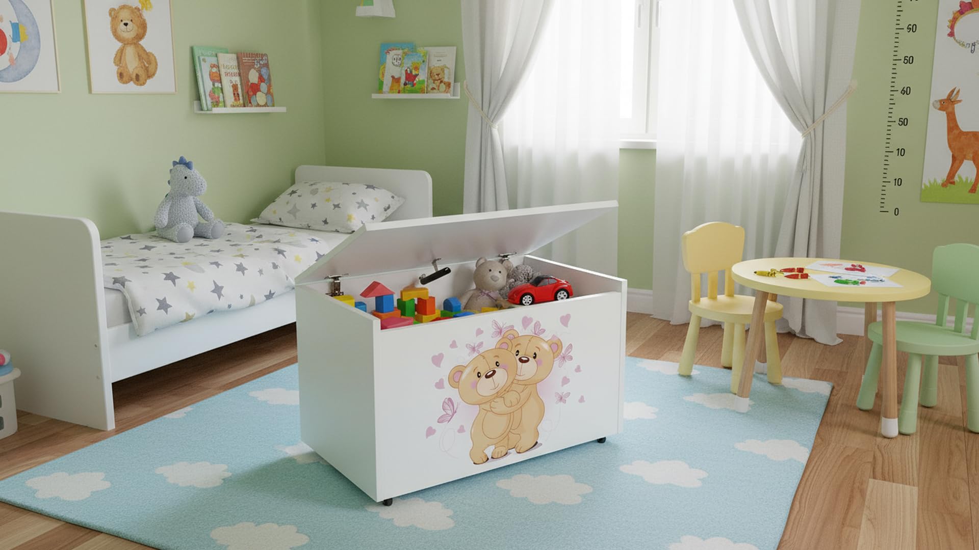 Baúl Infantil de Madera con Ruedas 71x40x46 cm y Tapa Seguridad