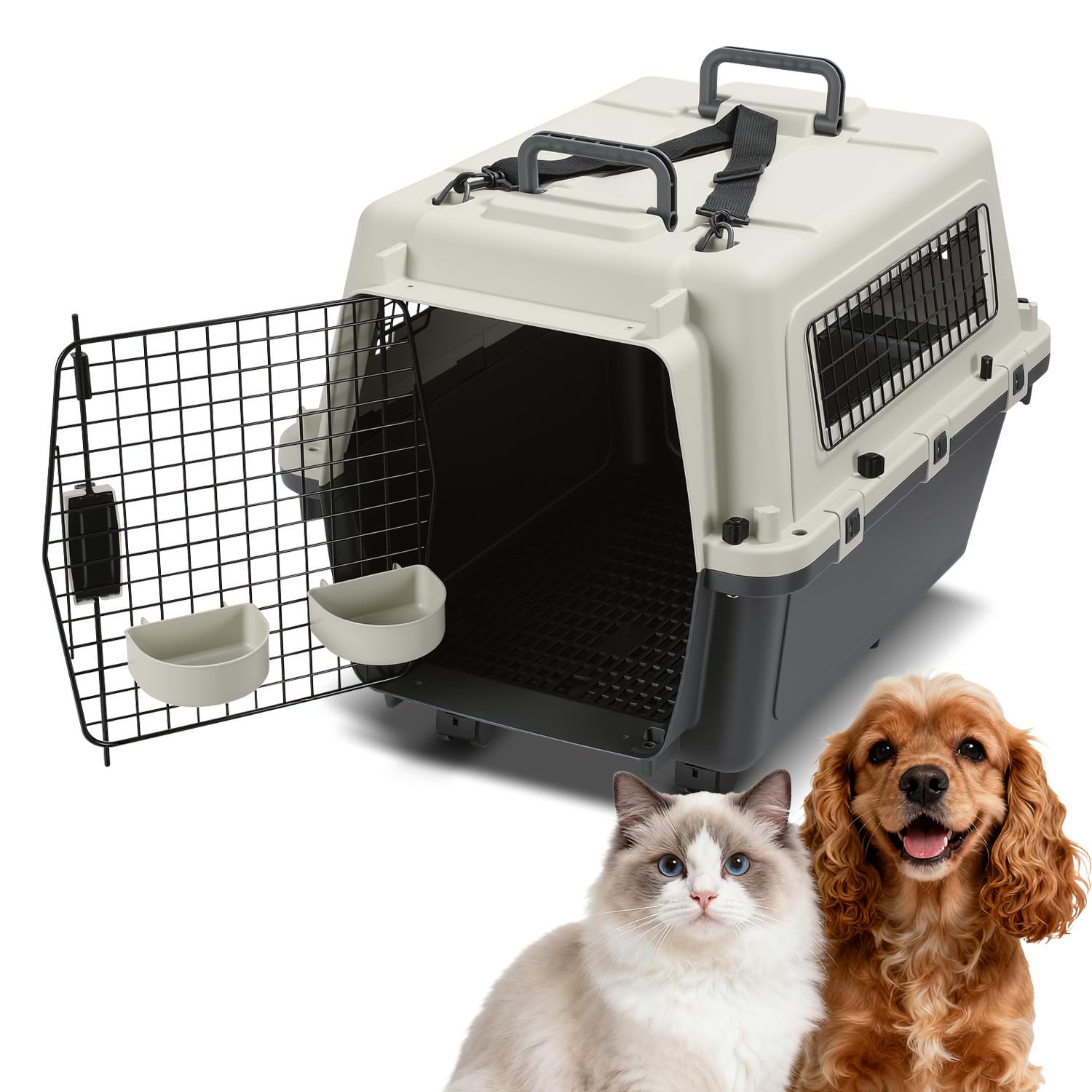 Cage de transport pour animaux avec fenêtre et porte, en plastique PP, avec poignée et corde, roues, 67,3*54,9*51,5 cm, avec couches et bols suspendus, gris blanc