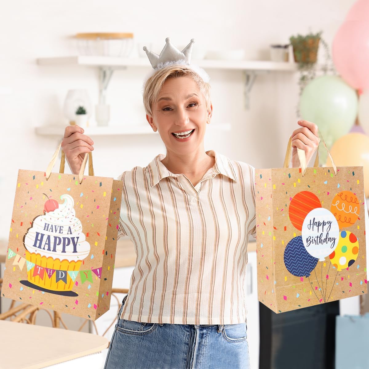 Dimetey 4pcs 13'' Happy Gift Bags in 4 Designs, Includes Greeting Cards, Large Paper Bags with Handles, Ideal for Kids, Adults Birthdays