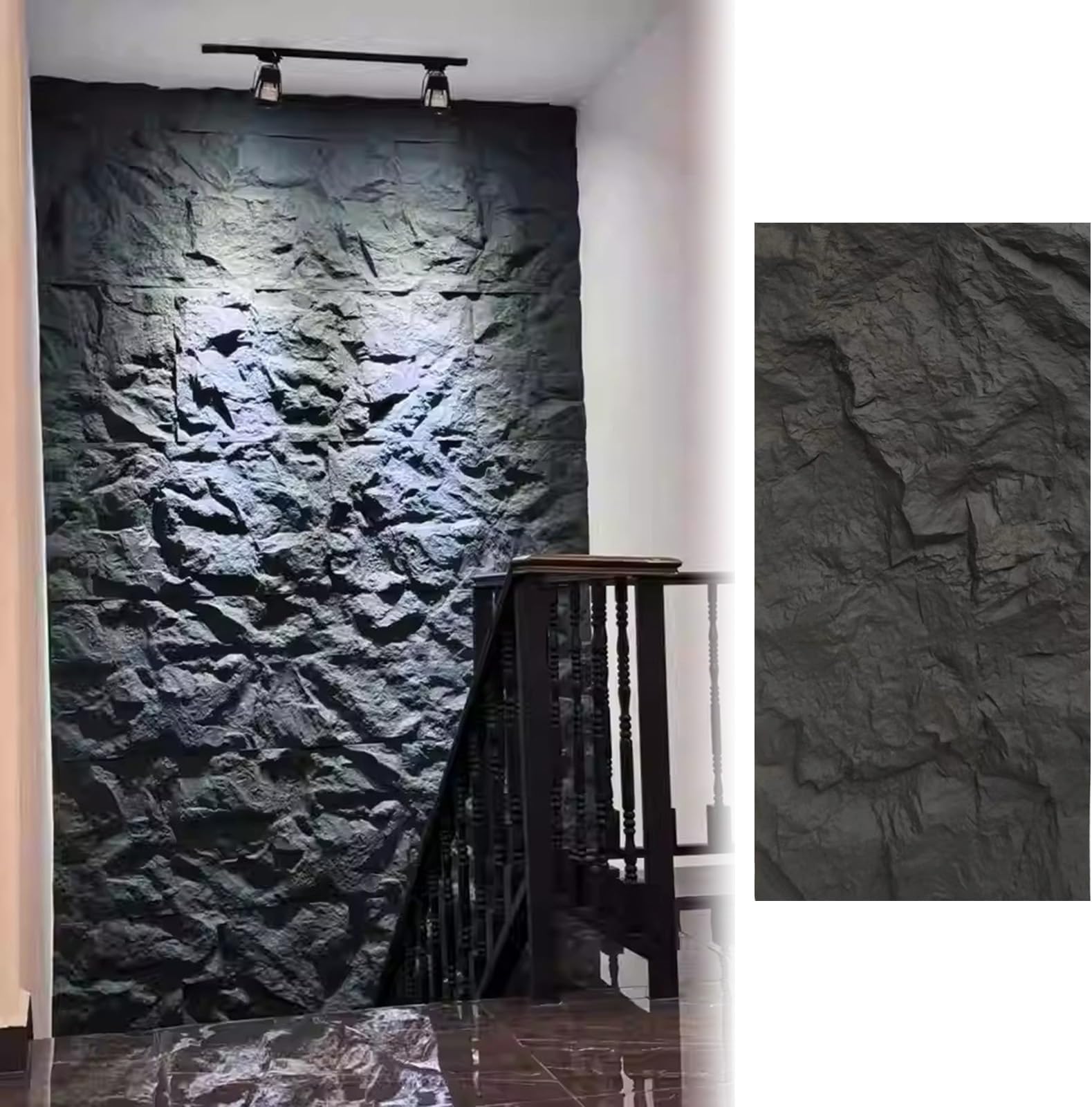 Faux Stone Veneer Wall Panel Black, PU Wall Art Siding Panel, Hallway Backdrop Wall Cladding Paneling Decor, Realistic 3D Wall Covering Plate(1 pc)