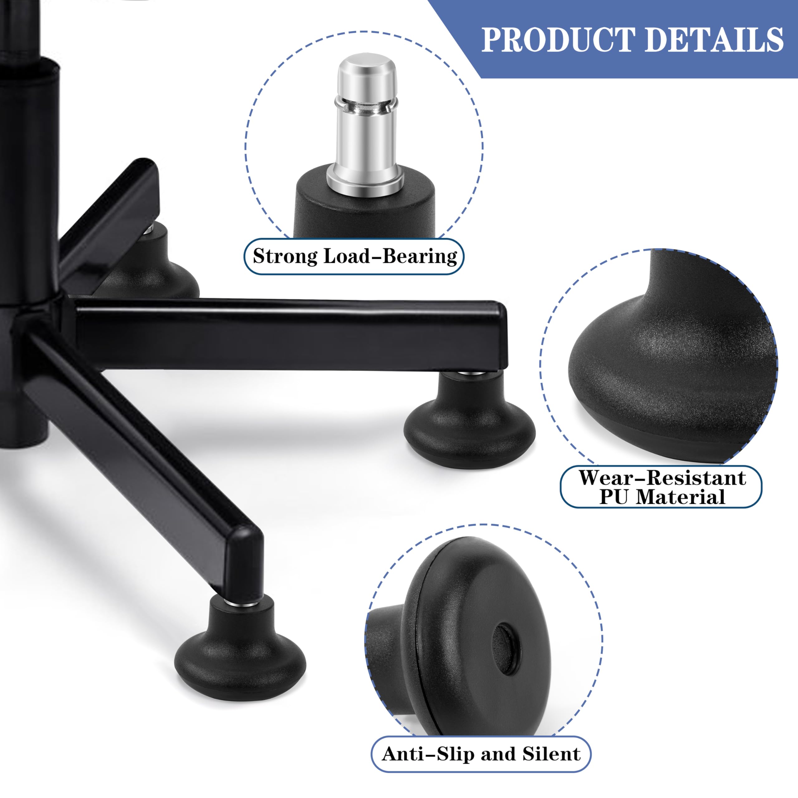 Bell Glides – Set Di 5 Ruote Girevoli Di Ricambio Per Sedia Da Ufficio, Profilo Corto Con Feltrini, Colore Nero - 5