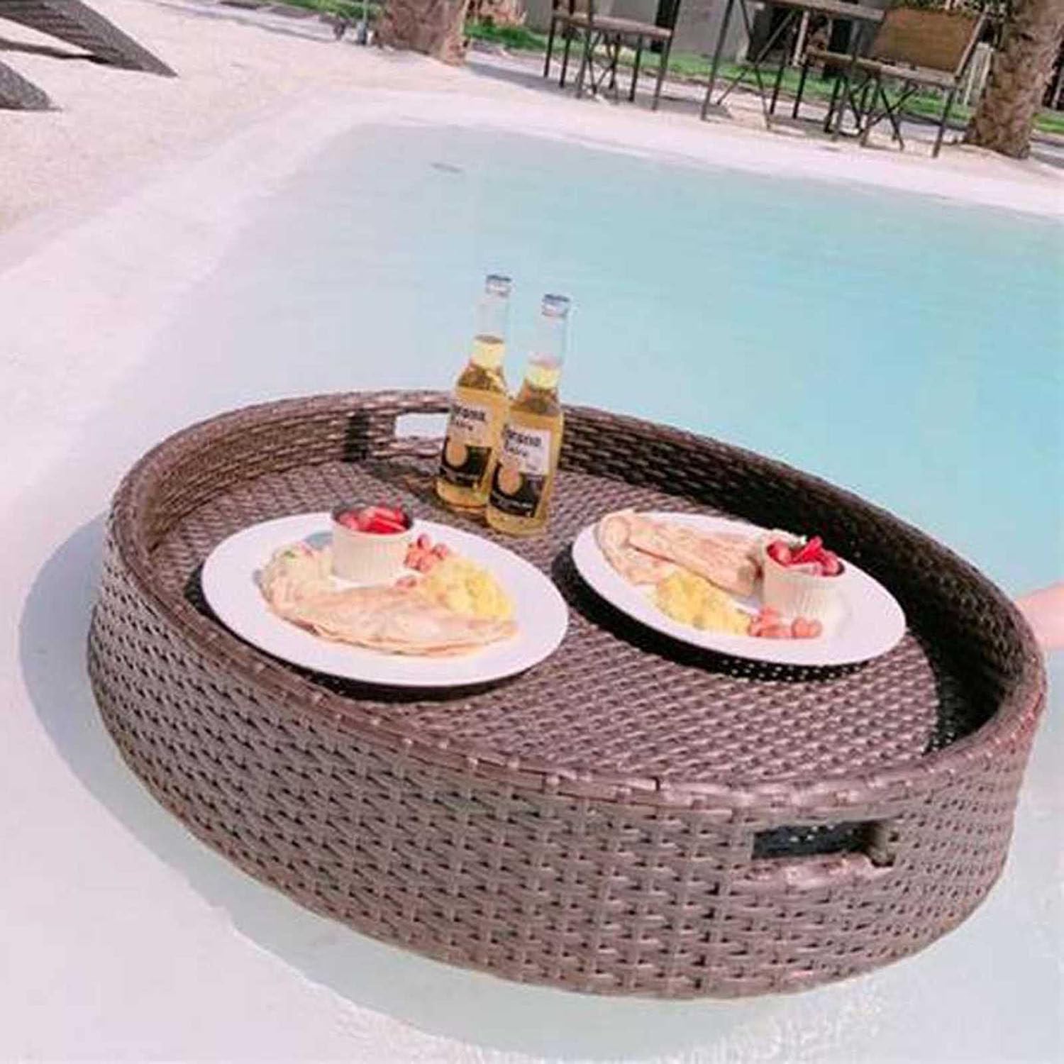 Swimming pool floating bar, Floating Tray Rattan Breakfast Floating Serving Tray luxury breakfast villa Pool Tray(Brown)