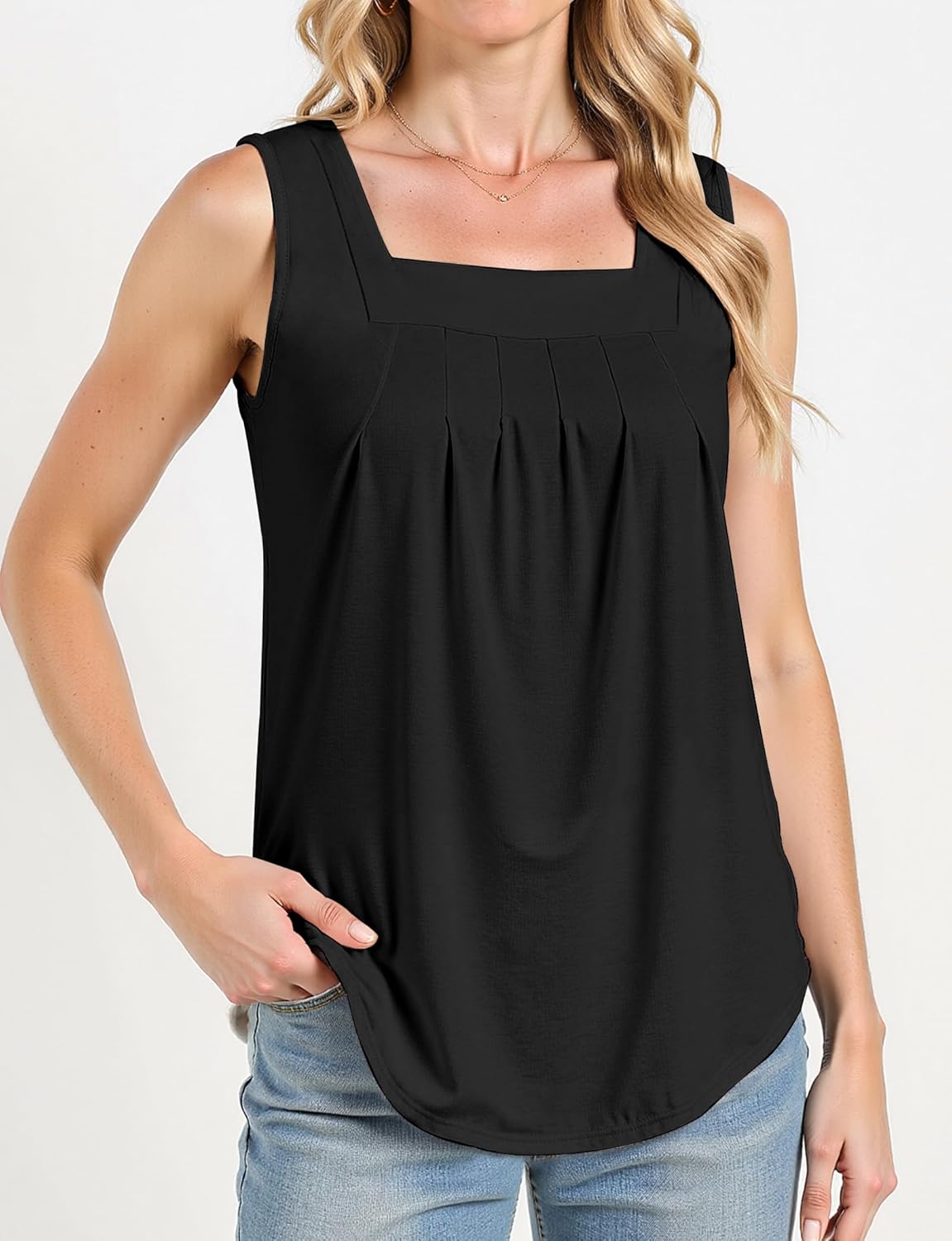 Tank Tops for Women Summer, Loose Fit Pleated Square Neck Sleeveless Tops Flowy Blouse Going Out Tops Basic Shirts (Black,2XL) - Image 2