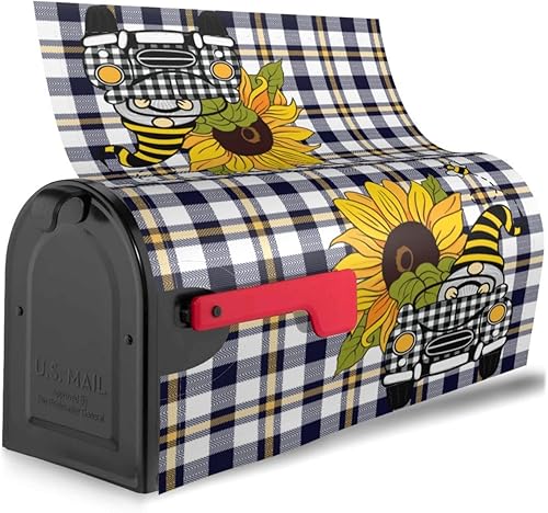 Miniatura 3 de Divertido gnomo de verano para conducir coche y girasol, cubierta magnética para buzón, patrón a cuadros, para decoración del hogar, jardín, 21 x 18