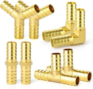 GASHER 8 Pieces 1/2 Inch Brass Hose Barb Set, 90 Degree L Right Angle Elbow, Y-Shape Air Hose Barb, Tee Hose Barb, Fuel/AIR/Water/Oil/Gas/WOG
