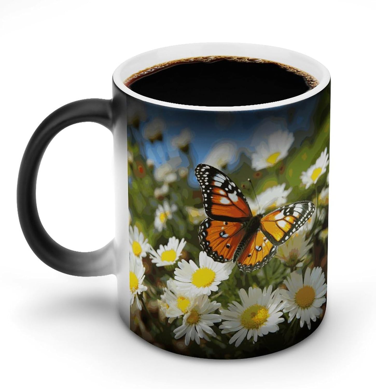 Color Changing Mug Butterfly on Daisy Flower Printed Ceramic Coffee Mug Heat Changing Sensitive Mug Magic Heat Changing Coffee Mug Novelty Coffee Mugs