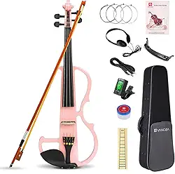 Vangoa Conjunto de violino elétrico 4/4 tamanho completo para adolescentes iniciantes e adultos, madeira de bordo metálica, eletrônica, com acessórios de ébano, rosa
