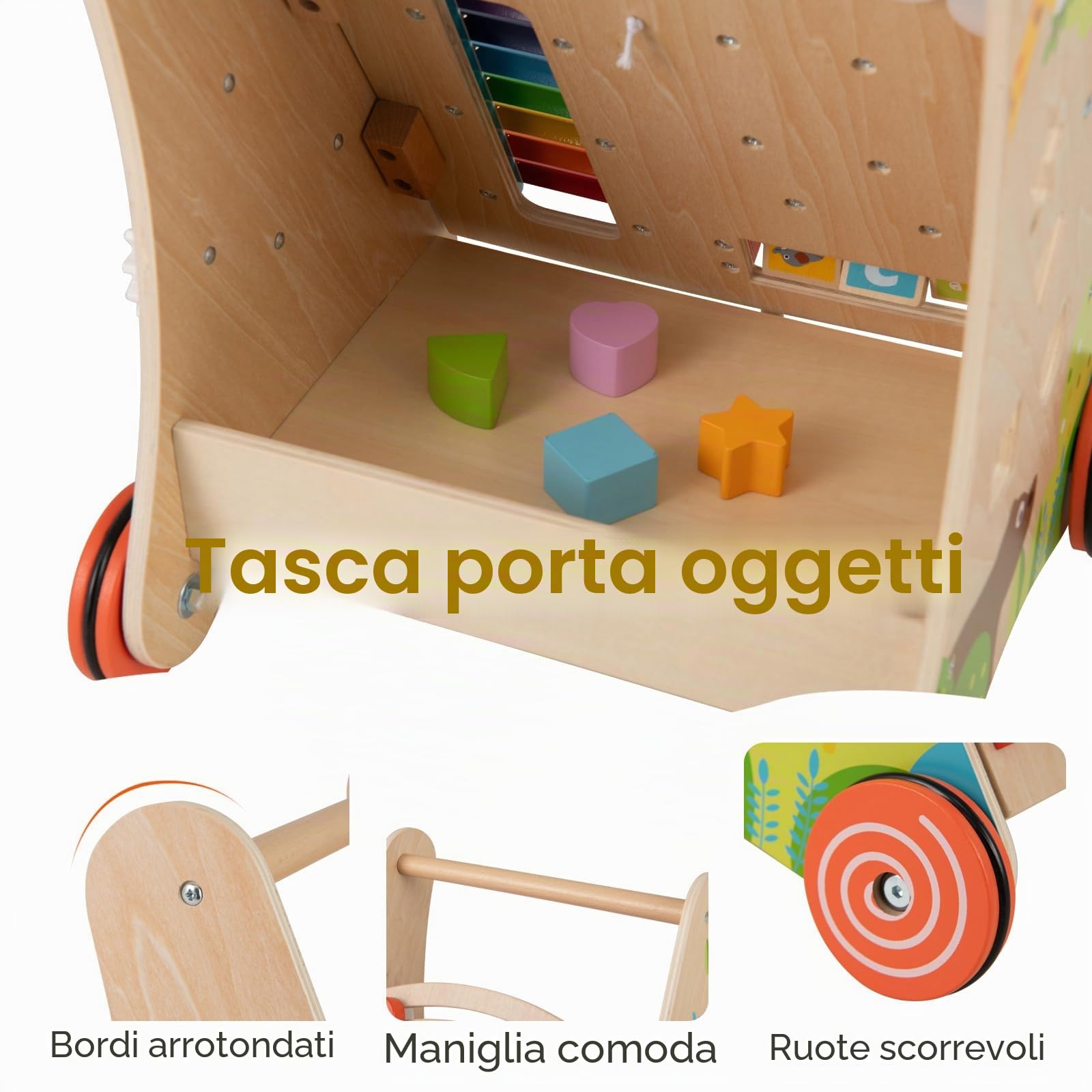 LIFEZEAL Girello Neonato in legno, Primi Passi per Bambini con Giocattoli Montessori, Carrello Primi Passi con Ruote, Gioco per Camminare, Carrellino con Banco da Lavoro per Bimbi da 12 Mesi (B)