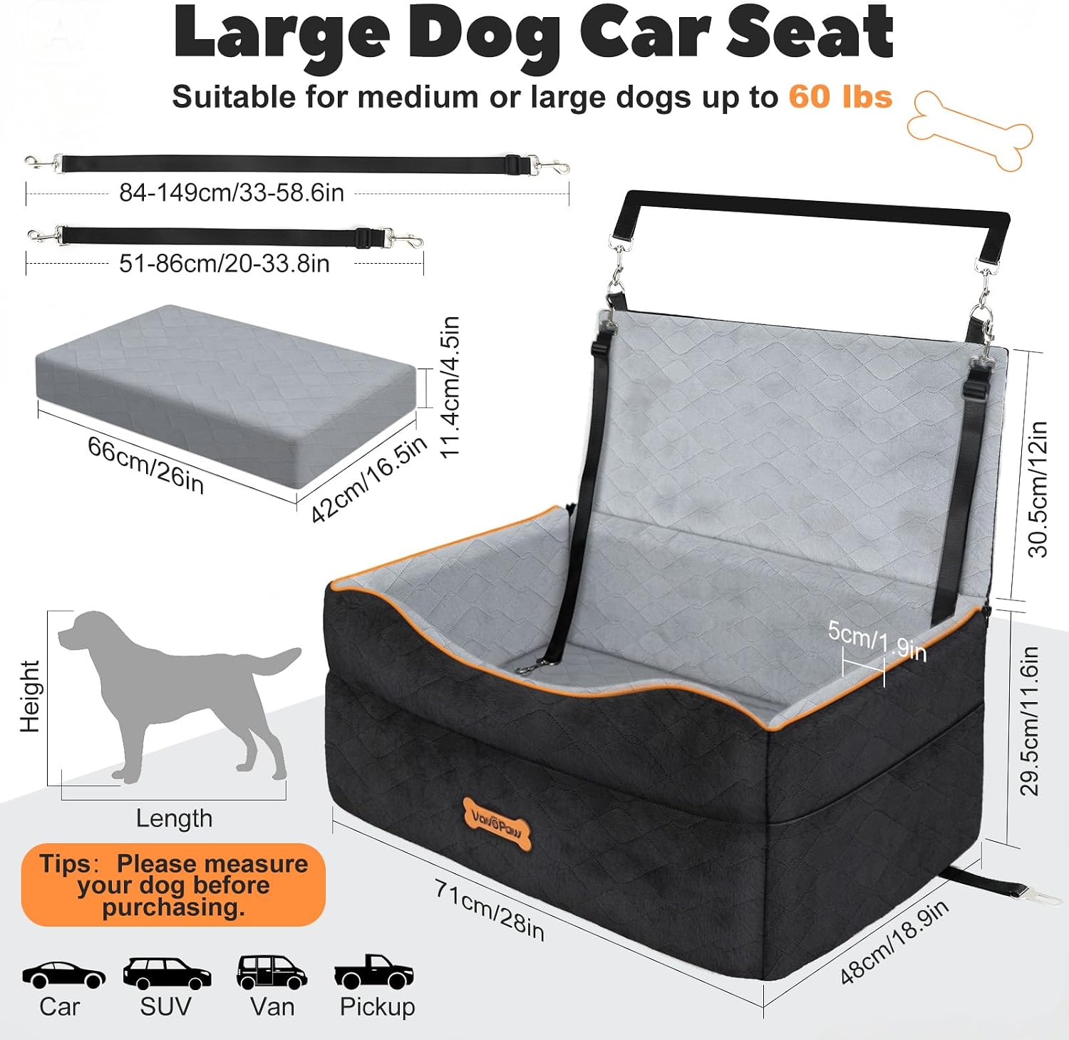 VavoPaw Dog Car Seat for Dog Under 50Lbs Medium or 2 Small Dogs Under 25Lbs image 3