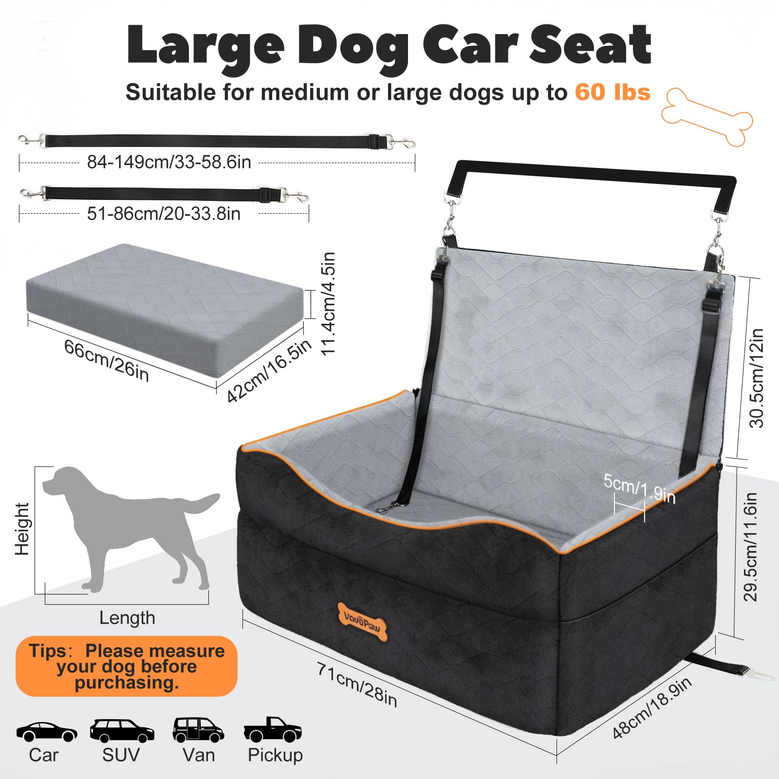 VavoPaw Hunde Autositze für mittlere/große, Hundesitz für Hunde unter 50Lbs | Hundesitzerhöhung für 2 kleine Hunde,2 Sicherheitsleinen, Hundesofa-Kissen mit Schaumstoff, Haustiere Transportbox
