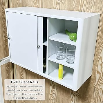 Stainless Steel Storage Cabinet, White Sliding Door Wall Cabinet with Removable Shelf for Kitchen Bathroom Laundry Room(60x40x14cm/24x16x5.5in)