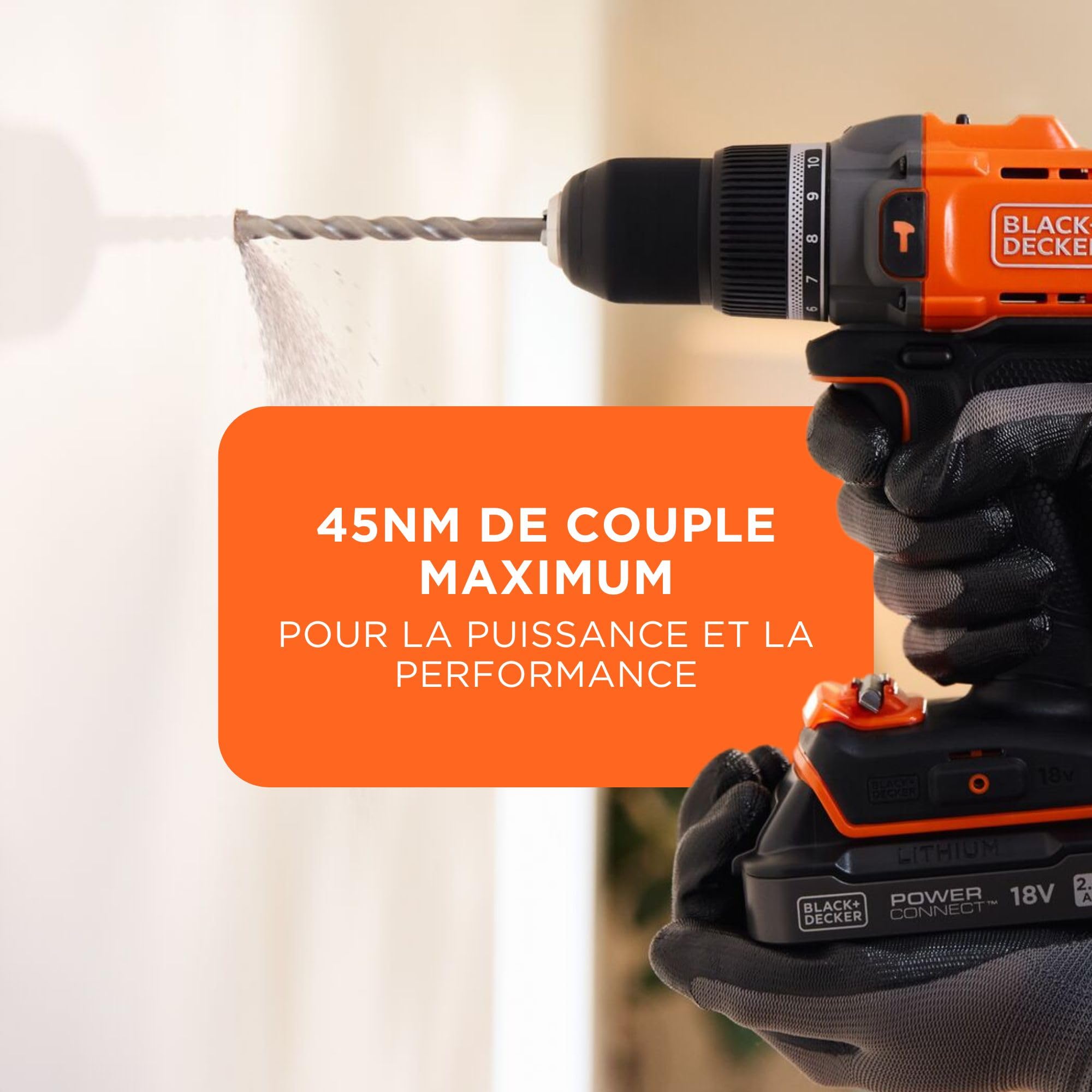 BLACK+DECKER Marteau perforateur sans fil 18V POWERCONNECT, couple 45Nm, 2 vitesses, éclairage LED, mandrin sans clé, sans batterie ni chargeur, BCD383XN-XJ