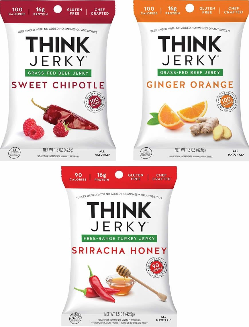 Think Jerky Grass-Fed Beef and Free-Range Gluten Free Turkey Jerky Variety,1.5 oz, Pack of 3