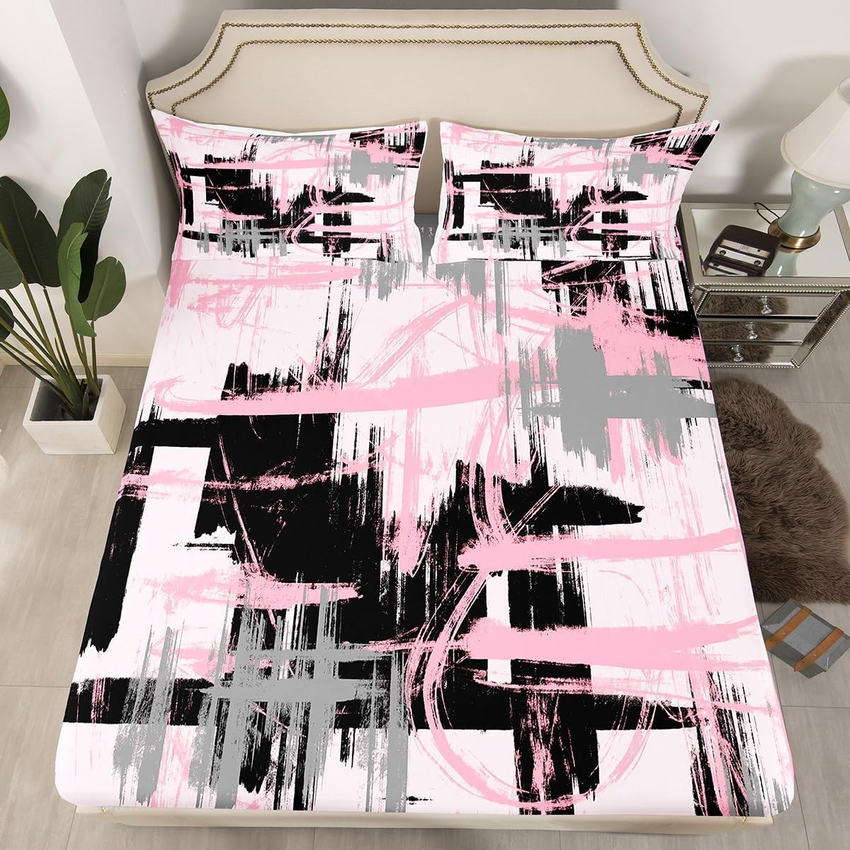 Pink Grey Black Fitted Sheet Queen Size Kids Abstract Art Bedding Set for Boys Teens Modern Striped Art Bed Sheet Set Breathable Geometric Bed Cover Room Decor