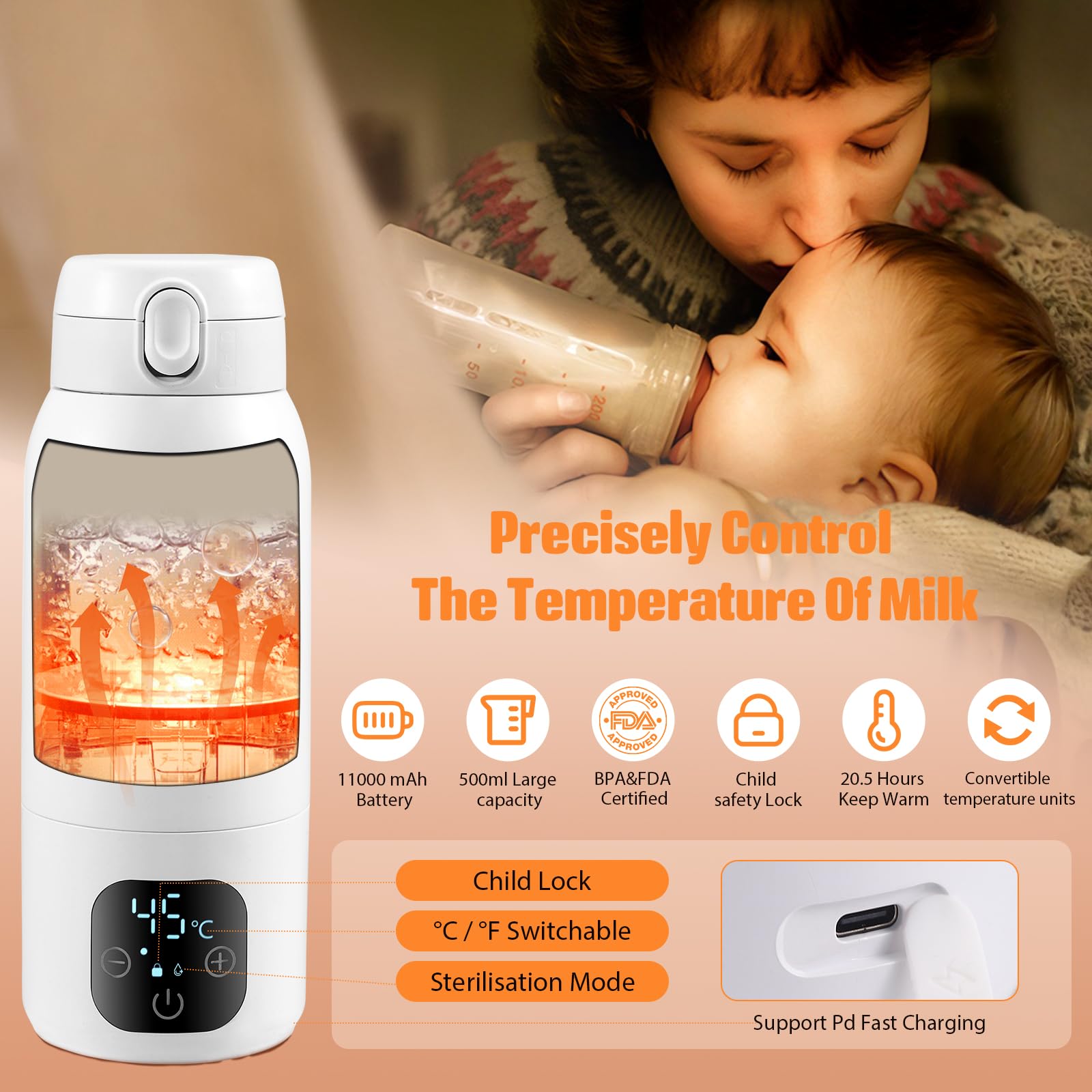 Flaschenwärmer Tragbarer 500ML Wireless, Autoflaschenwärmer mit Einstellbarer Temperatur von 37°C bis 70°C, Schnelles Aufwärmen und präzise Temperaturkontrolle, Wiederaufladbarer Babywasserwärmer