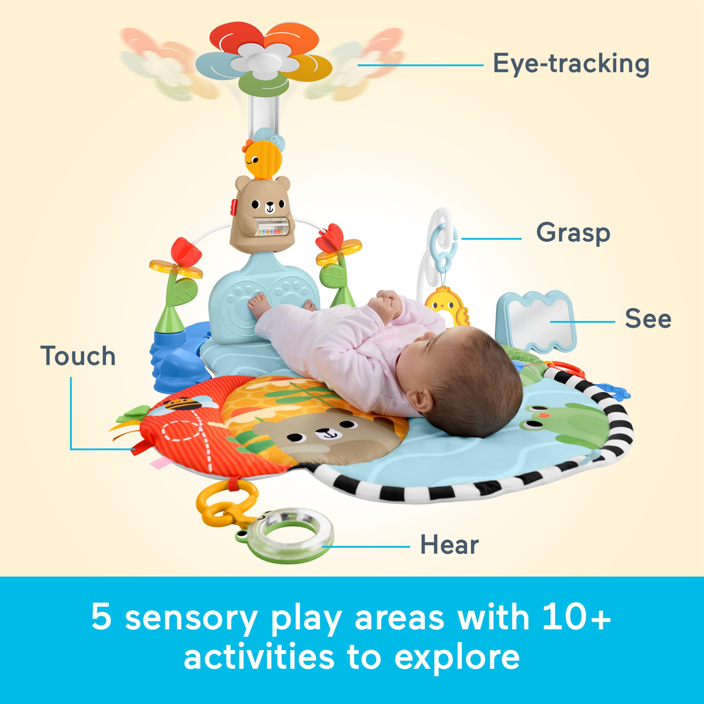 Fisher-Price Alfombrilla de Juego para bebés 3 en 1 pataditas y balanceo, Juguete de Actividades sensoriales para el Desarrollo de bebés recién Nacidos, a Partir de 0 Meses, JMT98