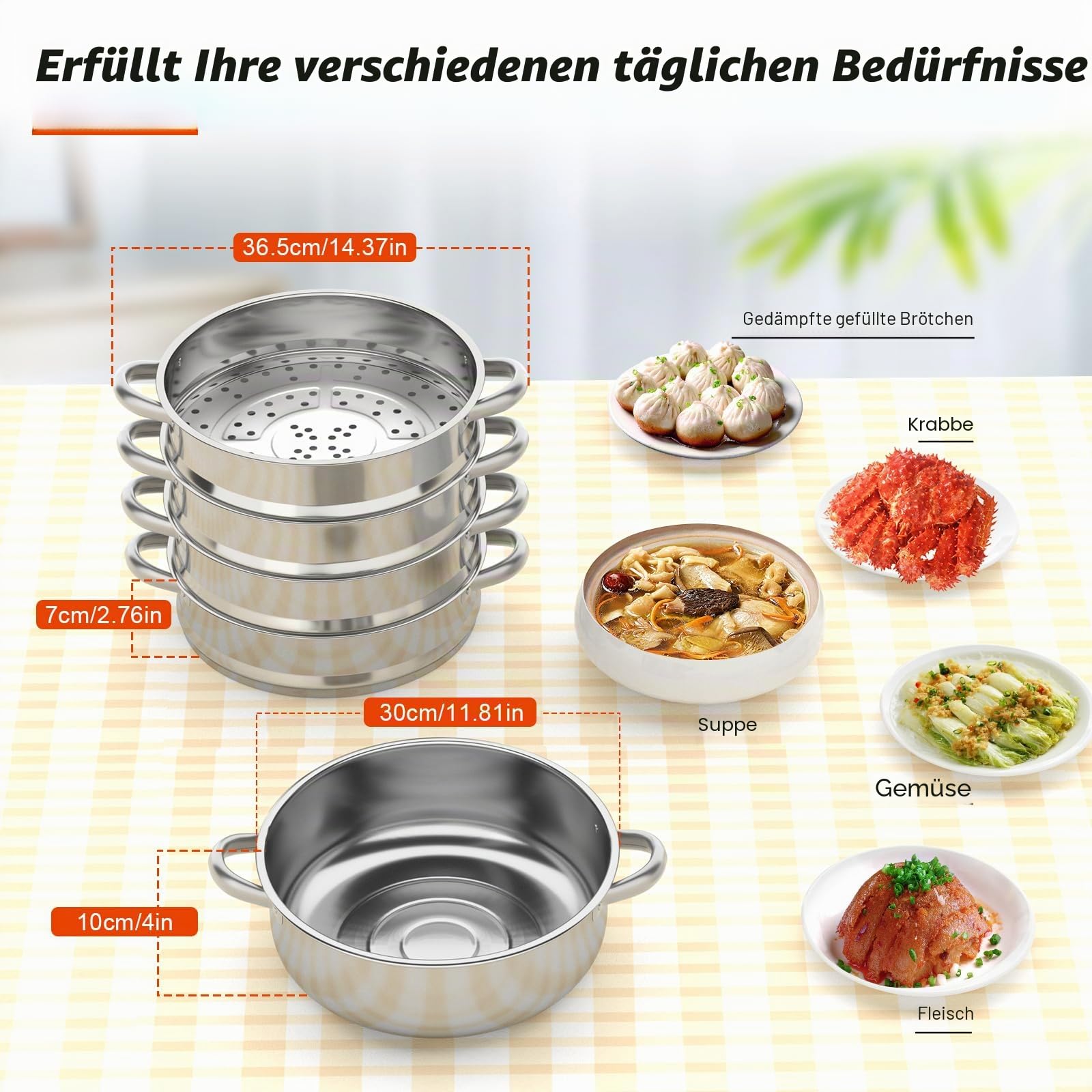 5 Etagen Dampfgarer, Topf Edelstahl Dampftopf mit Glasabdeckung DäMpfer Kochtopf Set für Alle Herdarten Geeigne Spülmaschinenfest (30cm 5 Etagen)