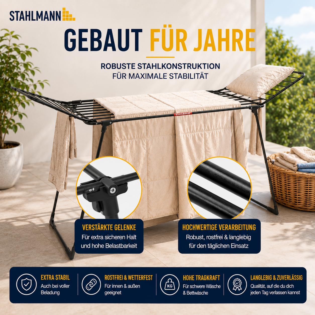 STAHLMANN Wäscheständer ausziehbar 25M Trockenfläche XXL Made in EU schwarz mit Klemmen