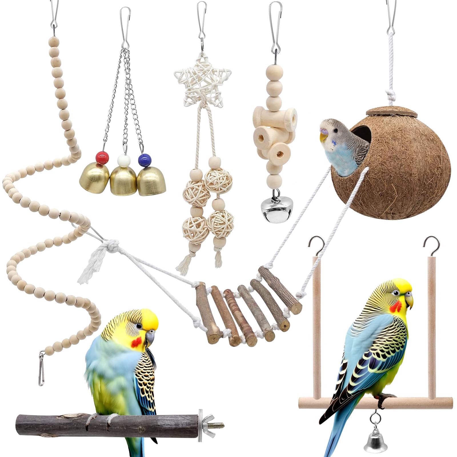 Jouets en Bois pour Perroquets en Coque de Noix de Coco, Lot de 7 Accessoires à Suspendre avec Perchoir, Balançoire et Cloche à Mâcher pour Perruches, Calopsittes et Conures