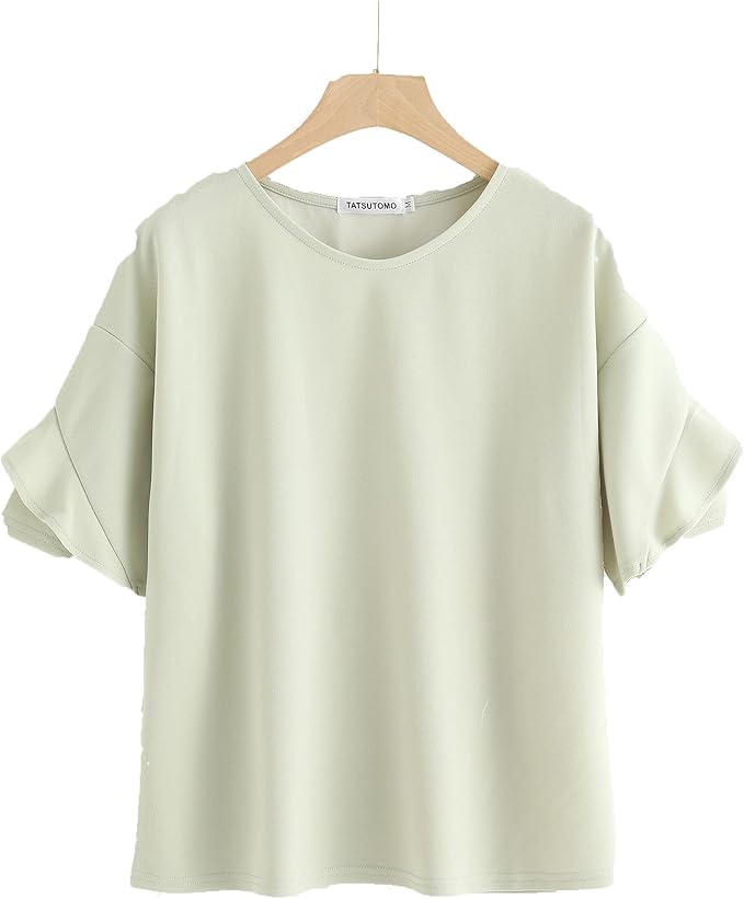 Amazon Tatsutomo Tシャツ レディース 半袖 フリル袖 ブラウス 半袖シャツ 袖フリル無地 夏 伸縮性 ストレッチ きれいめ レディース カットソー シャツ ブラウス 通販