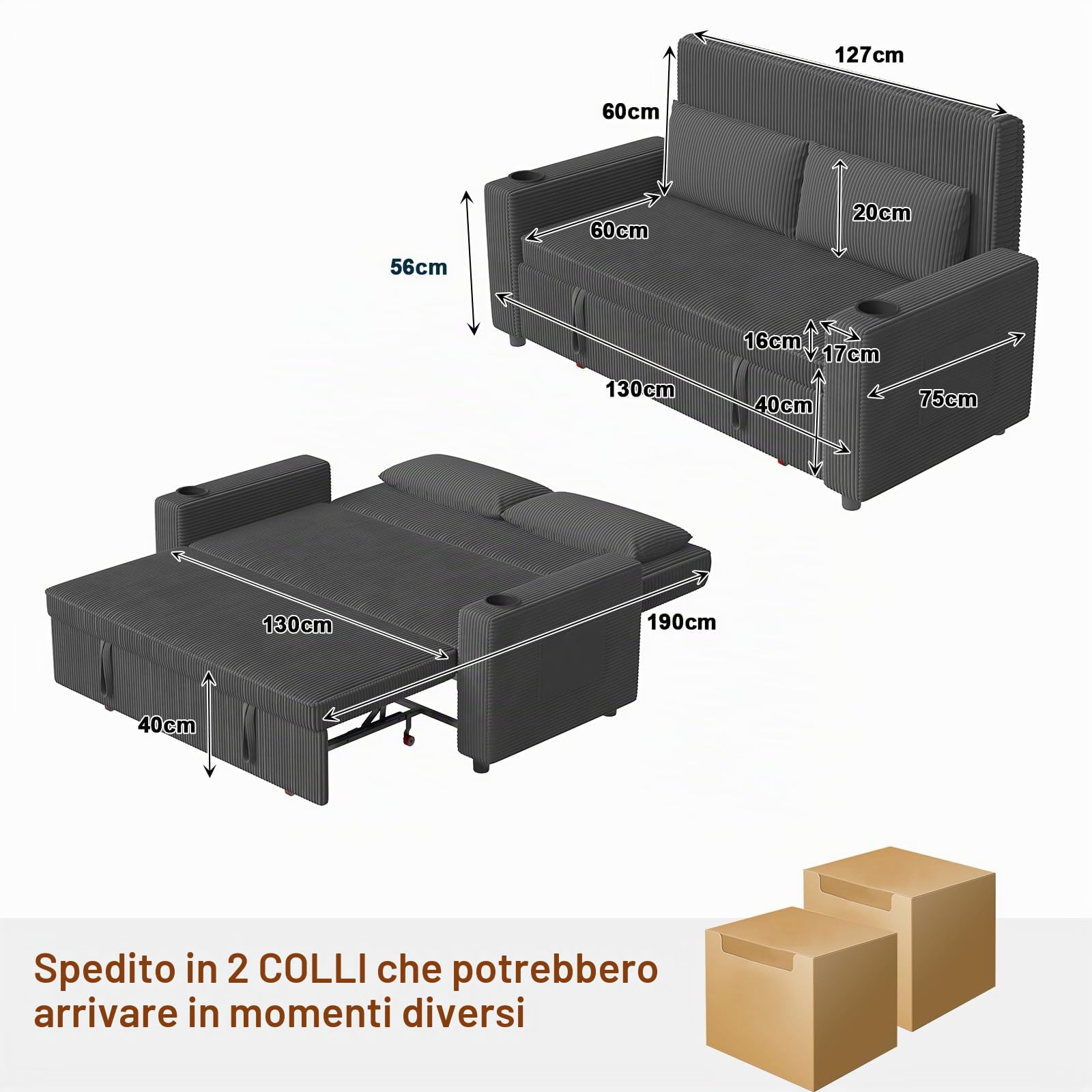 Devoko Divano Letto 2 Posti in Velluto Divano Matrimoniale Prontoletto Estraibile con Schienale Regolabile in 5 Posizioni per Soggiorno, Camera da Letto o Ufficio, 75P x 160L x 93H cm, Grigio