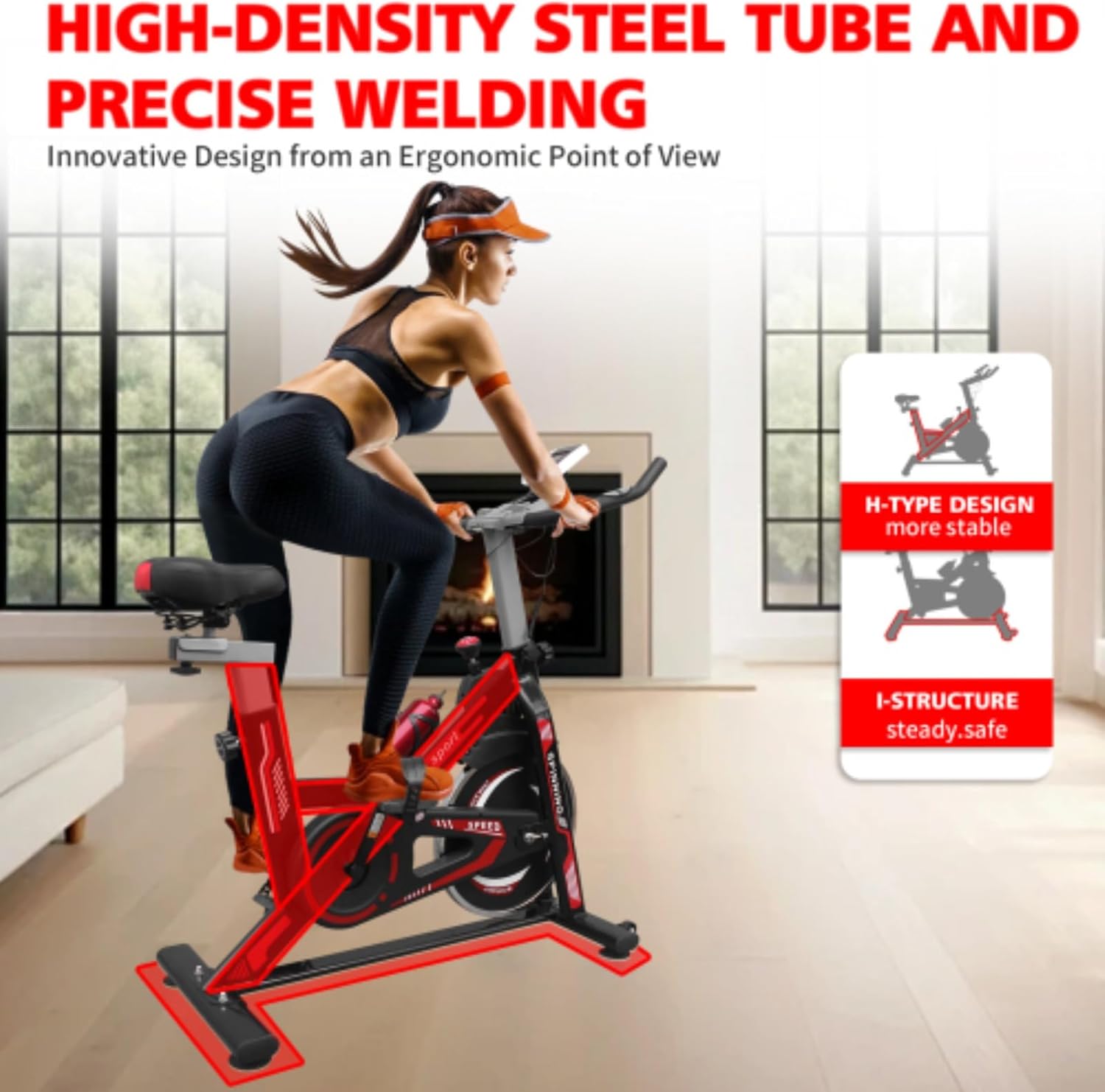 Indoor Exercise Bike, Spin Bike, Fitness Bike, 4-way Padded Seat and Adjustable Resistance, Heavy-duty Steel Frame, Adjustable Non-slip Handlebars, Black + Red