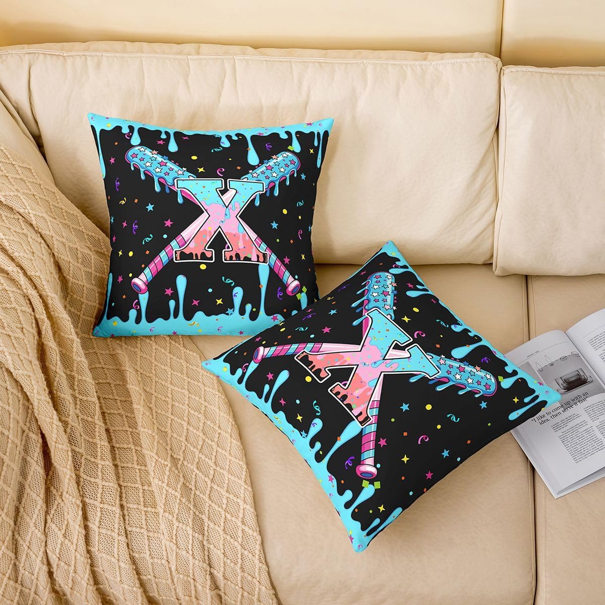 jejeloiu 18 x 18-Inch Set of 2 Baseball Decor Pillowcase Boys Girls Baseball Gaming Throw Pillow Covers for Kids Ultra Personalized Initial Letter X Cushion Case Sports Theme Room Decor Microfiber image 3