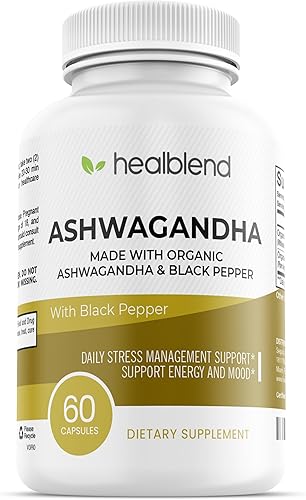 healblend Ashwagandha orgánica 1300 mg con extracto de pimienta negra - Suplemento de apoyo al estado de ánimo y energía - 60 cápsulas