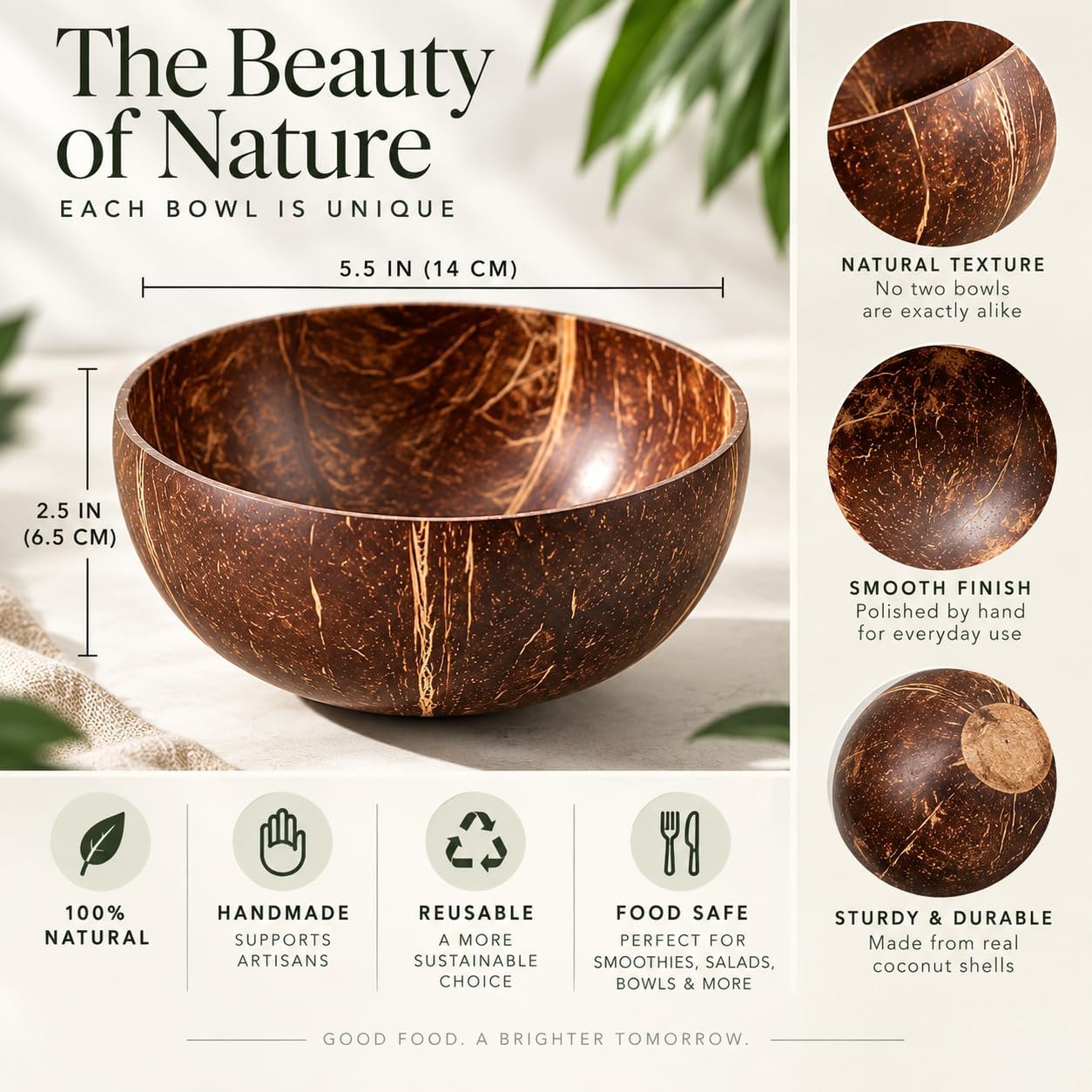 Natural Coconut Bowl, Handmade Coconut Shell Bowl for Smoothie Bowls, Acai, Salad & Buddha Bowls, Reusable Eco Friendly Kitchen Bowl, Dark Brown