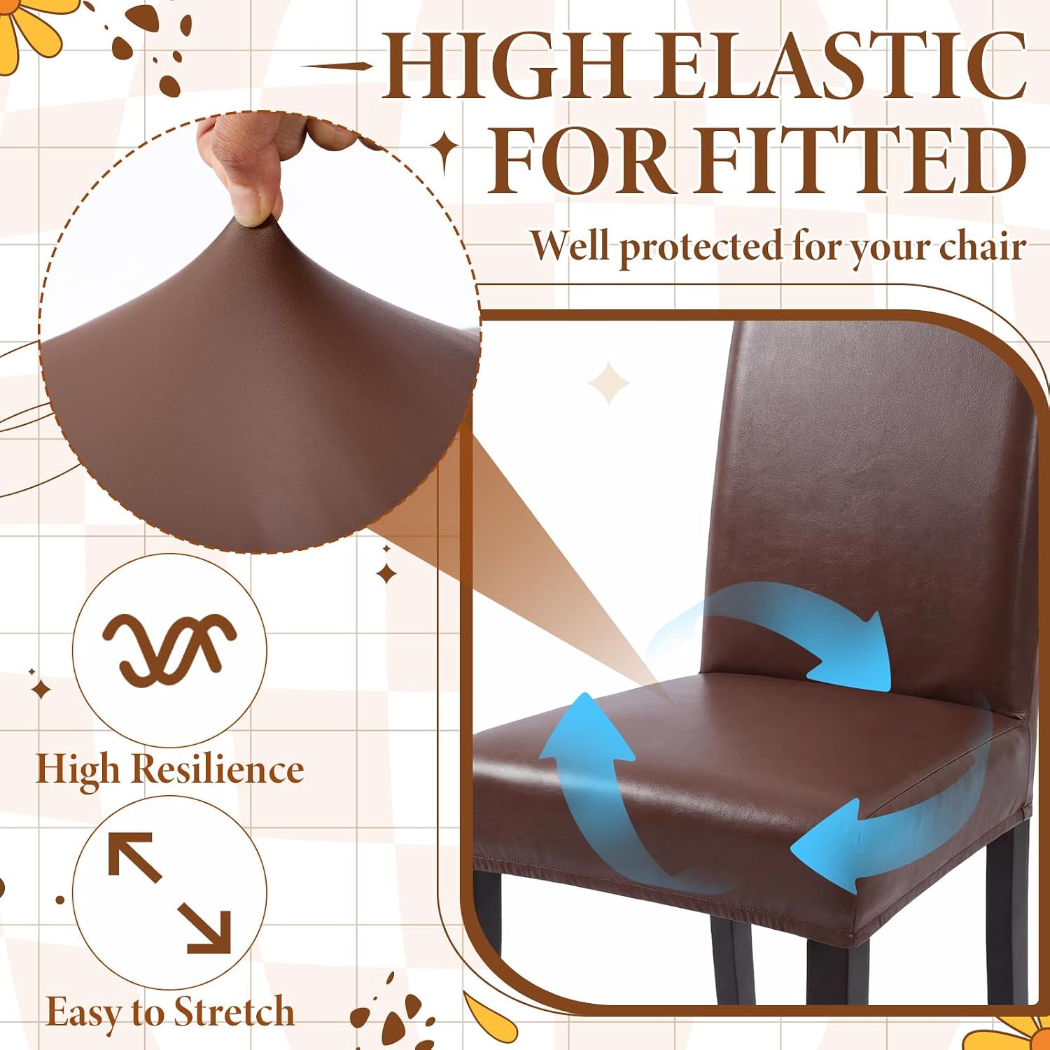 Moukeren Leather Chair Covers for Dining Chairs Set of 8, Waterproof Super Stretch Kitchen Chair Covers Thickened Washable Dining Chairs Slipcover Seat Cover for Kitchen, Banquet(Brown)