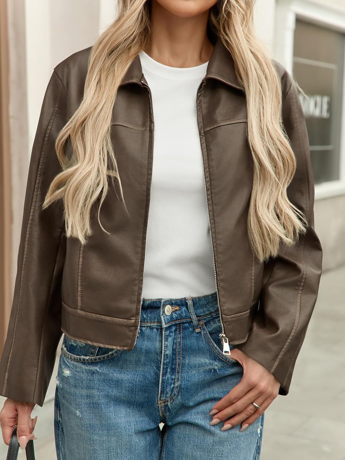 Yousify Womens Faux Leather Jacket Casual Zip Up Motorcycle Long Sleeve Collared Fall Cropped Coats with Pockets - Image 2