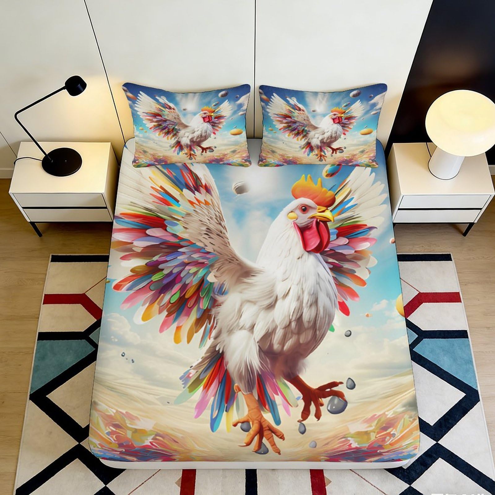 3D Printed Colorful Rooster Fitted Sheet Microfiber Soft Breathable Flying Chicken Bed Cover for Bedroom Dormitory Guest Room Mattress Protection Decor 140x200x25cm