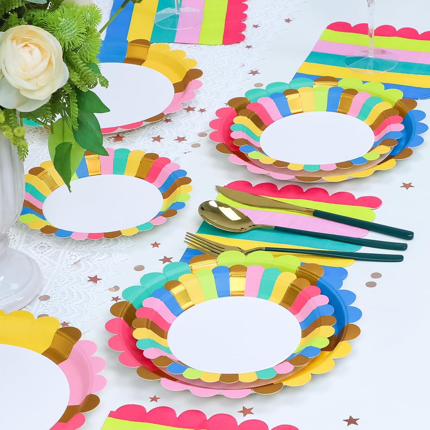 Birthday Party Supplies Disposable 9" Dinner Plates 7" Dessert Plates 6.5" Luncheon Napkins for Birthday Garden Party Afternoon Teas Baby Shower Wedding, Scalloped Edge, Serve 24
