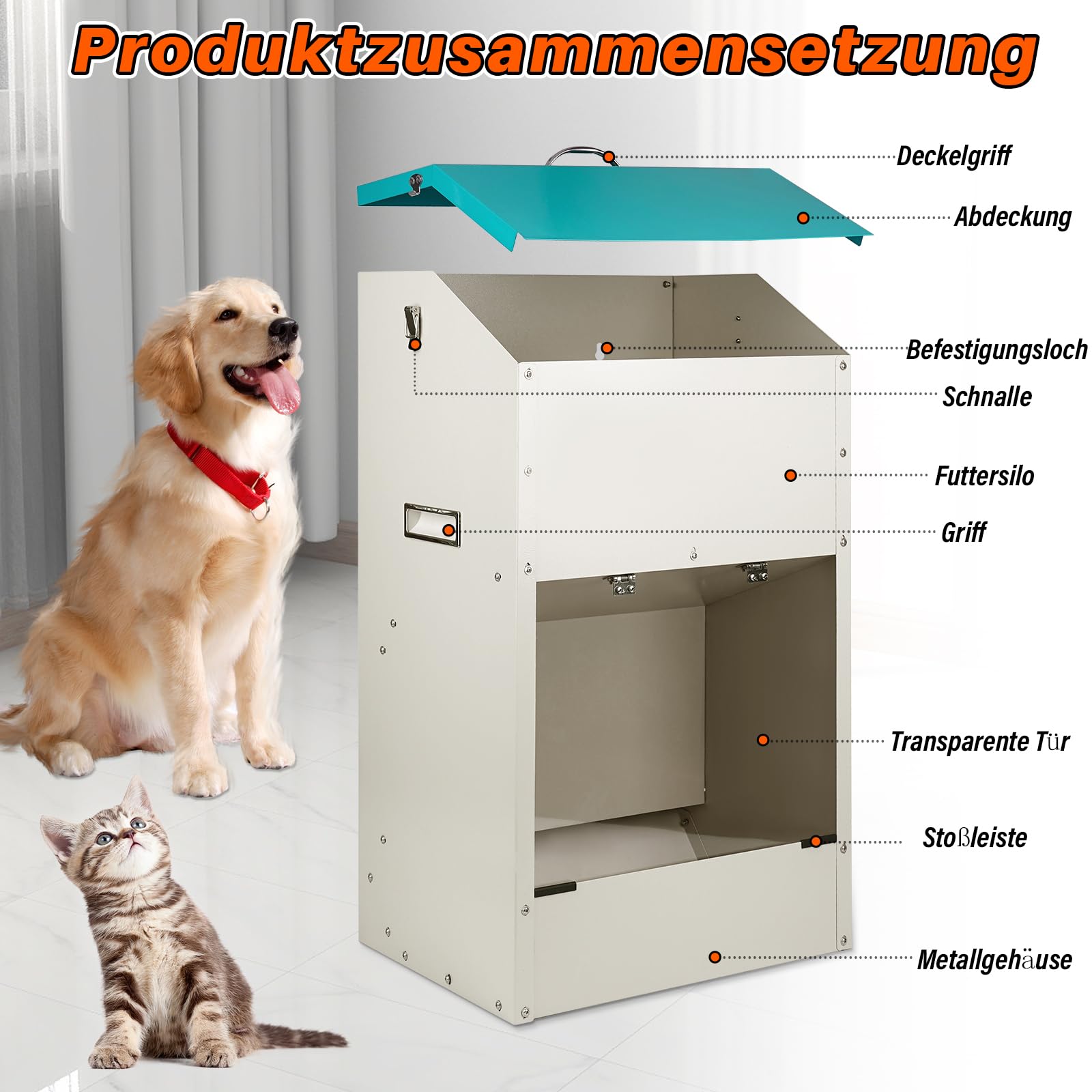 Futterautomat für Hunde - Fassungsvermögen 22 kg, mit Deckel Zum Schutz des Futters, Nagetiersicheres Design, Geeignet für den Außeneinsatz (70X30X40)