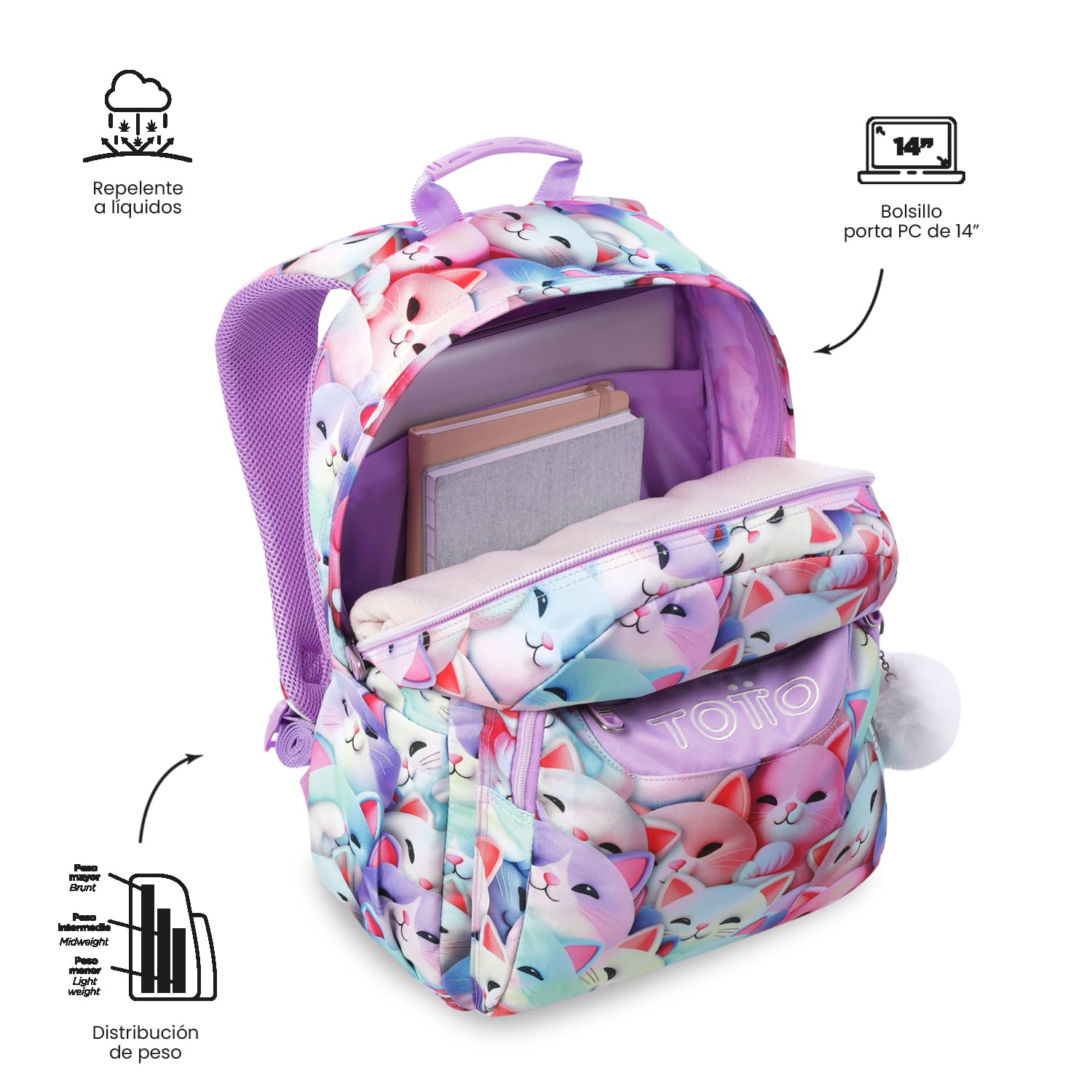 TOTTO - Mochila Escolar Adaptable a Carro, Modelo Acuareles, Capacidad 20 L, Bolsillo Pc 14", Bolsillos Botella, Espaldar Ergonómico con Flujo de Aire, Cómodas Correas en S, Estampado Mewsy 3D