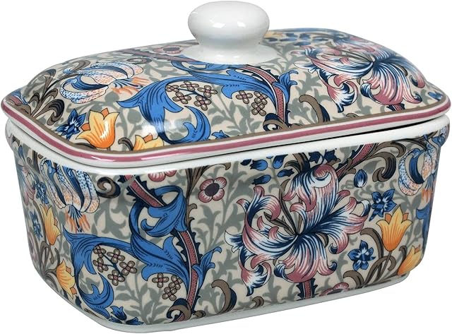 The Leonardo Collection LP94501 Golden Lily Butter Dish, William Morris Pattern, Fine China, 17x10x11cm, Boxed